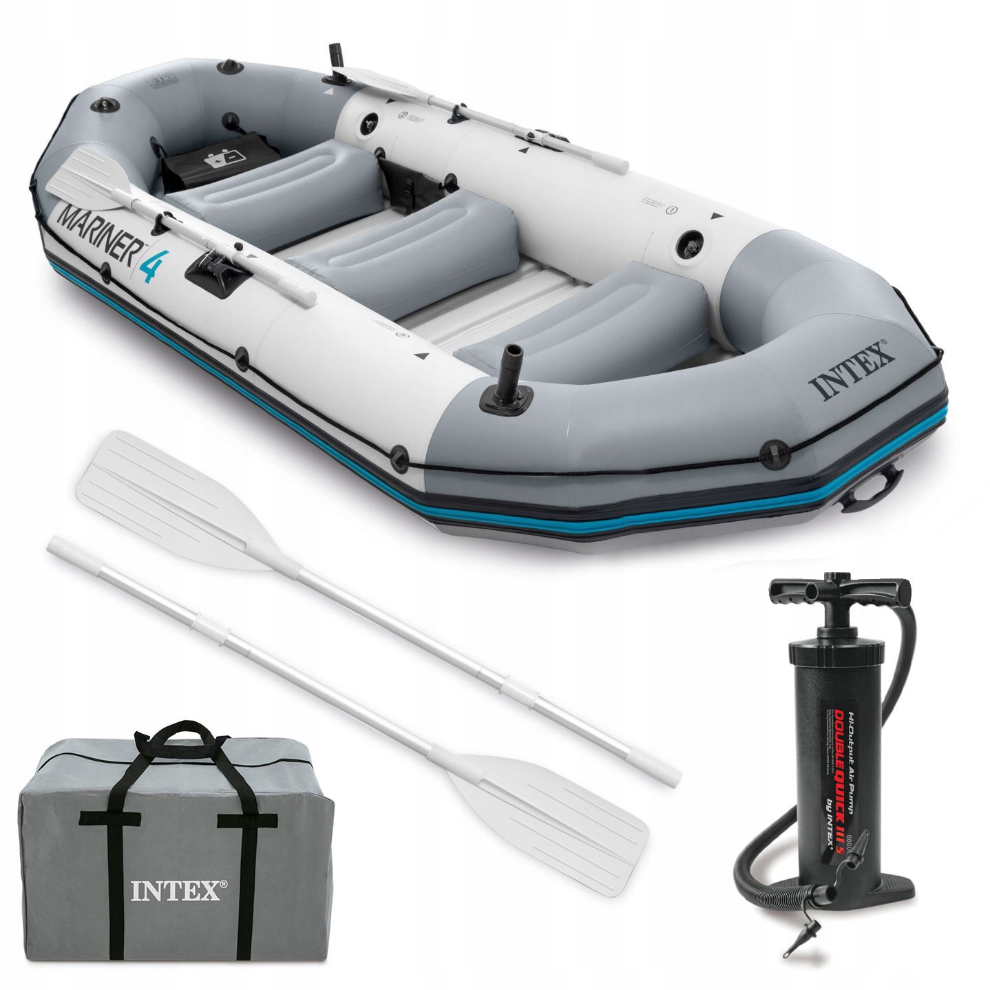 Raft pro 4 osoby, včetně vesel, pumpy, držáků na pruty a úchytu pro motor