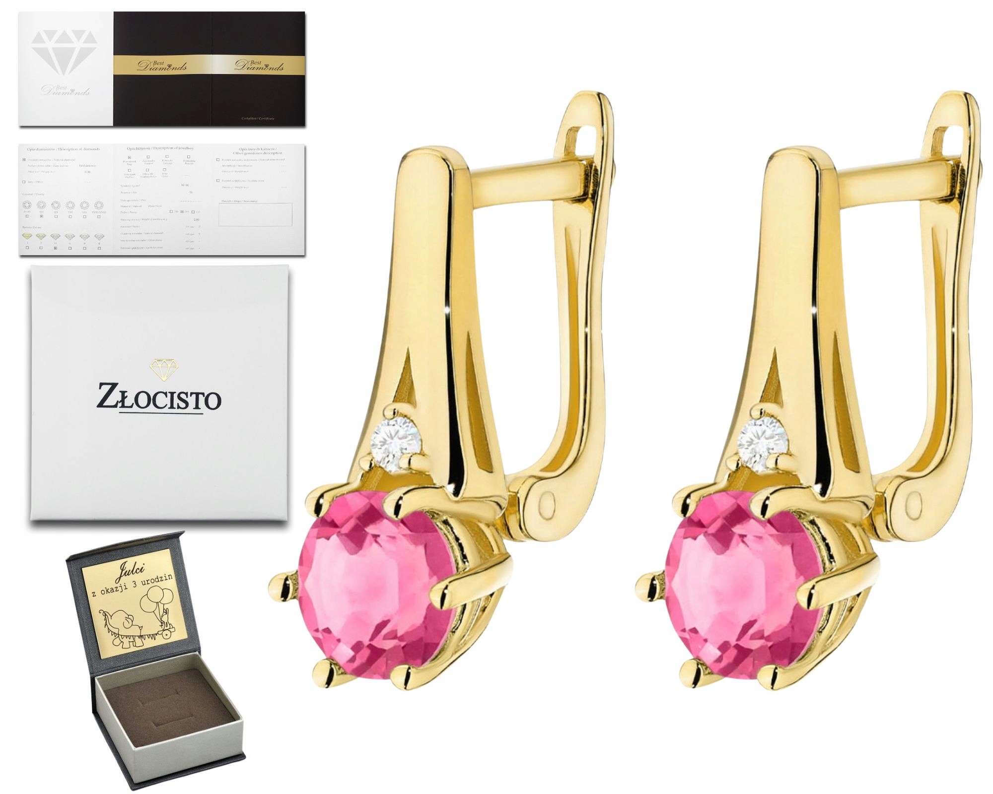 Zlaté Náušnice Růžový Topaz Brilianty Zlato 585