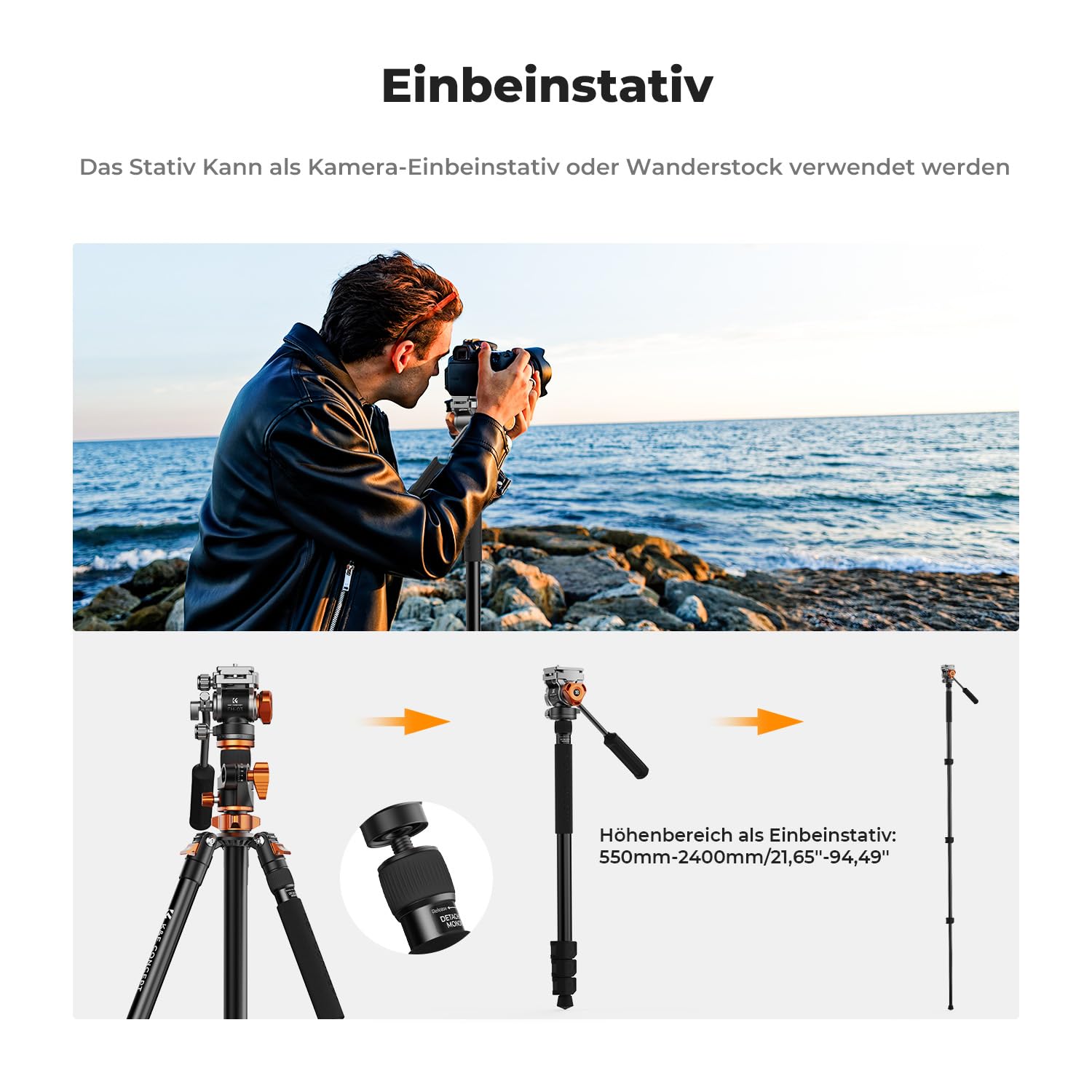 K&F CONCEPT Statyw Video Tripod 231cm Z Głowicą Fluidową Dla DSLR i Kamer — miniatura 6