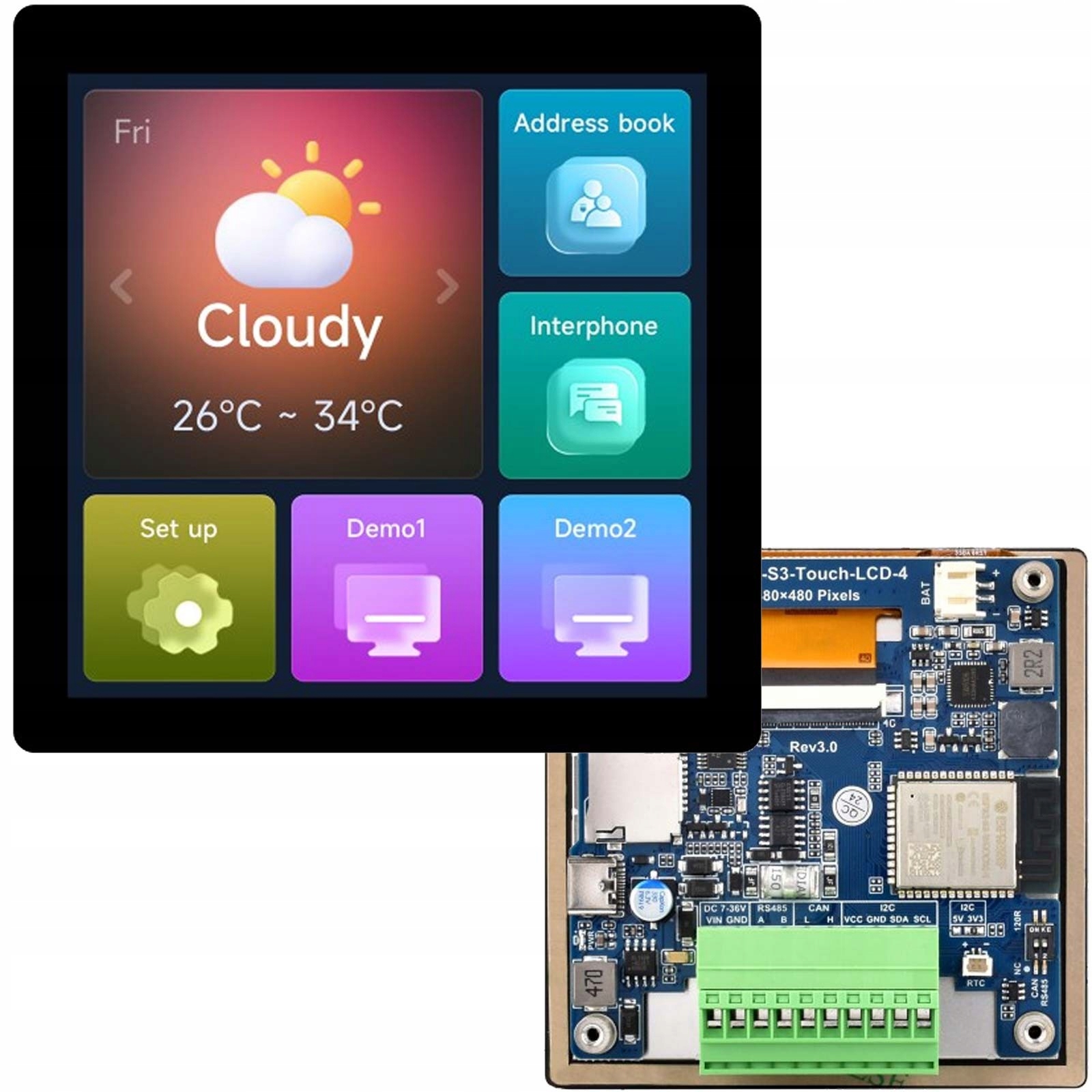 ESP32-S3 Waveshare LCD Ips 4" 480x480 dotykový Wi-Fi Ble slot Sd Can RS485