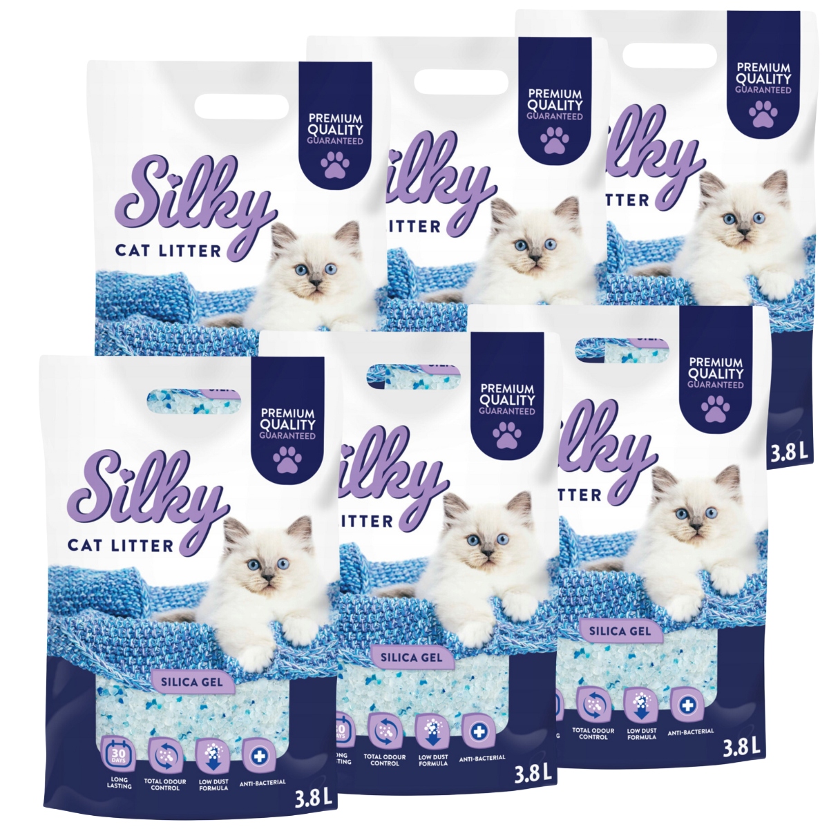 Żwirek silikonowy dla kota bezpyłowy Silky 3,8l zestaw 6 szt.
