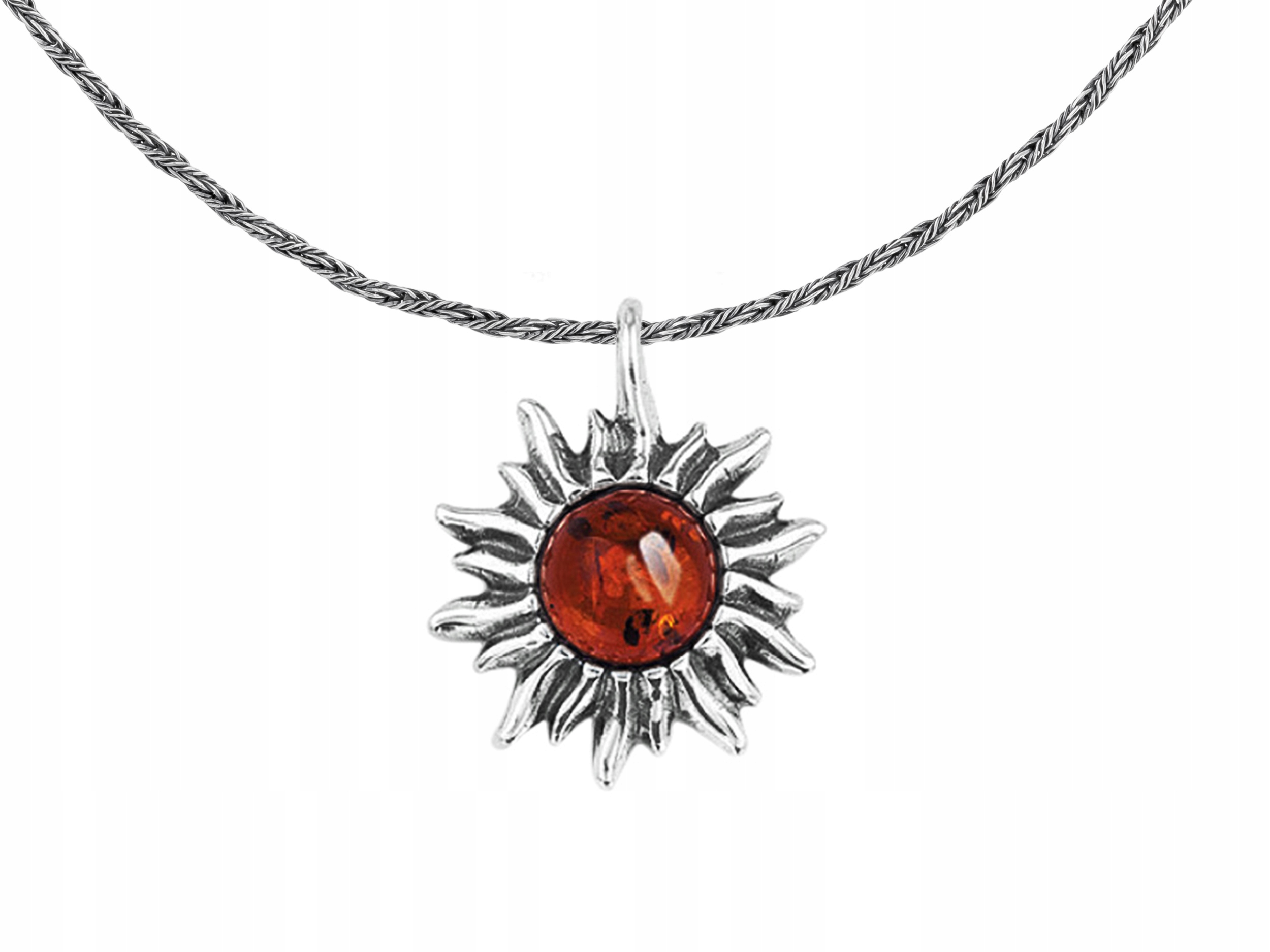 Dlouhý stříbrný oxidovaný náhrdelník Amulet Slunce s jantarem Stříbro 60 cm