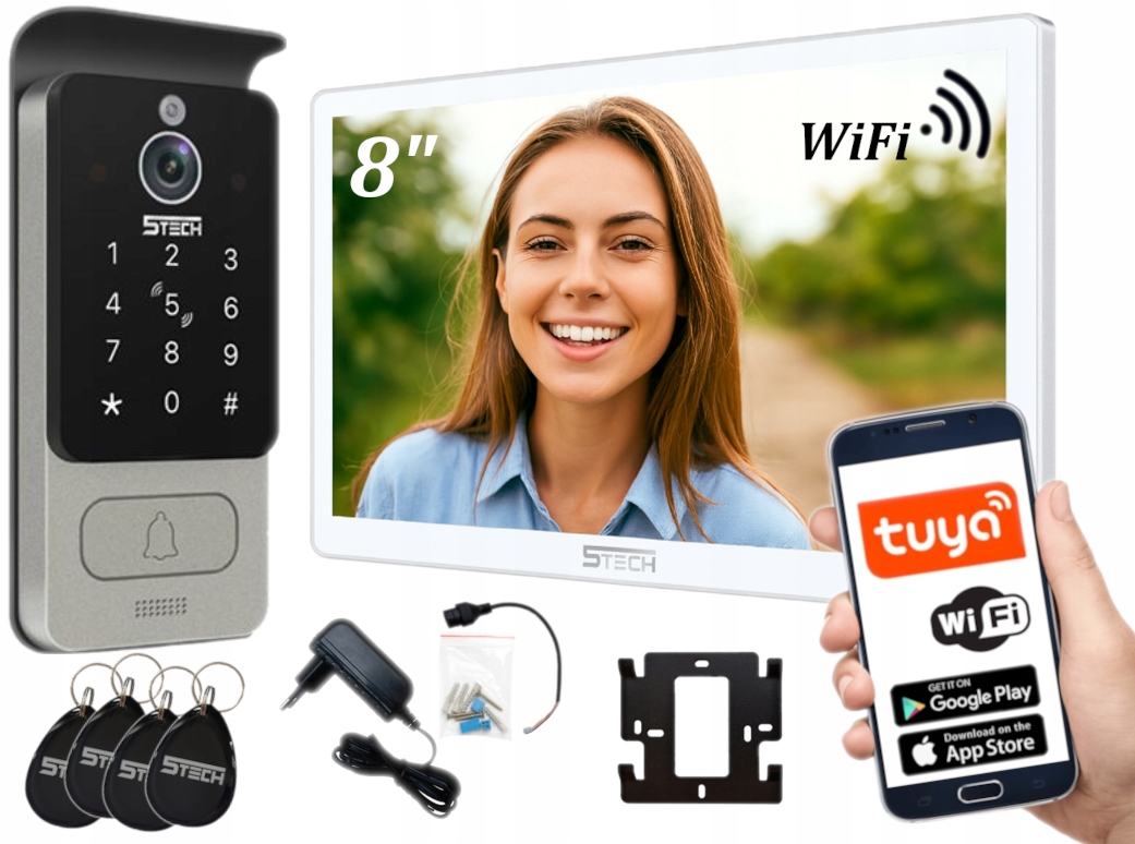 Wideodomofon Cyfrowy 2-ŻYŁOWY Wifi Rfid Brelok Brama Furtka Biały Domofon