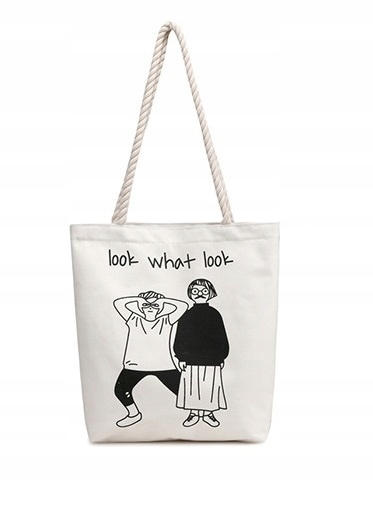 TORBA PŁÓCIENNA Z NADRUKIEM SHOPPER BAG SZNUREK Look what look biała