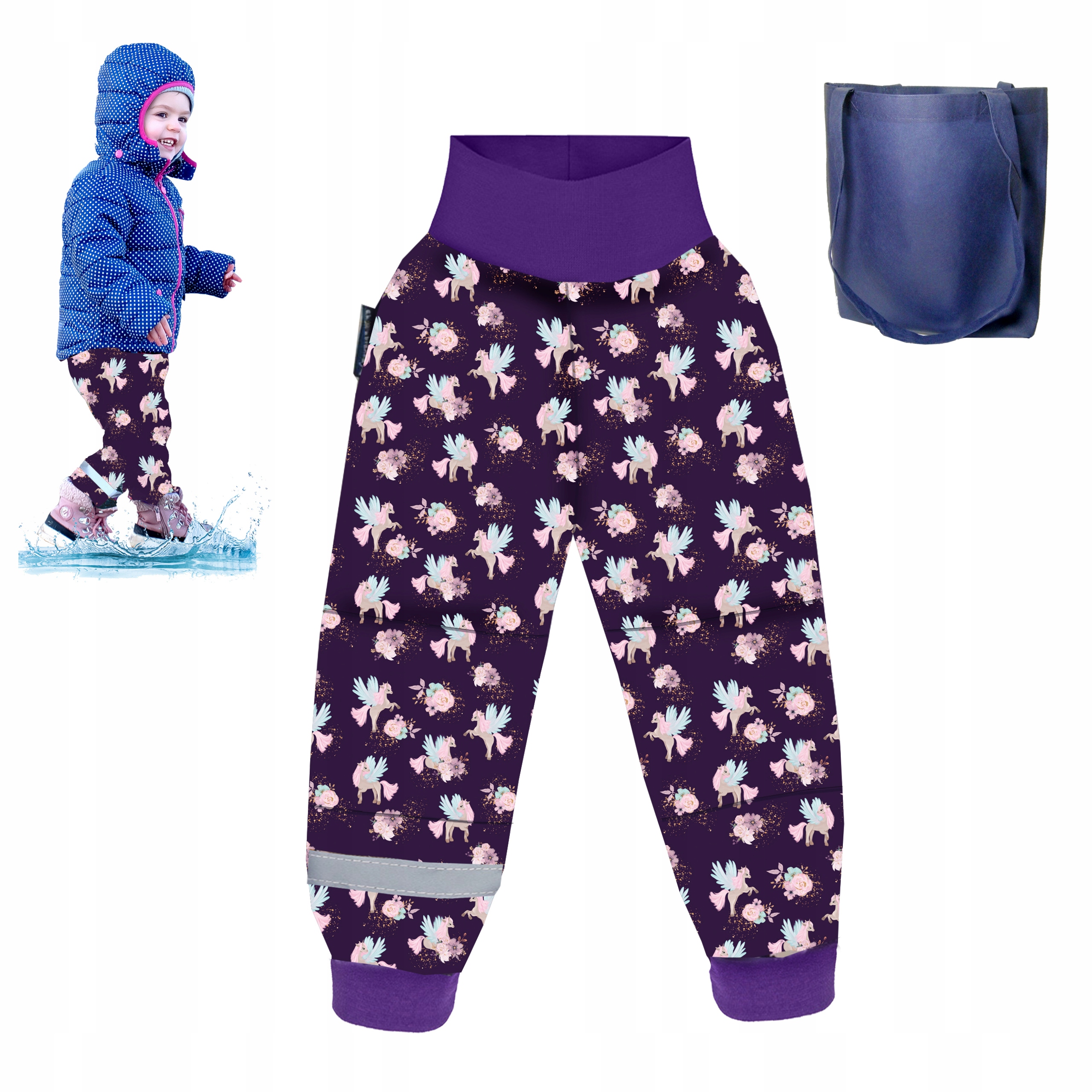 SPODNIE PRZECIWDESZCZOWE softshell, jednorożce, unicorn pegazy koniki r. 98