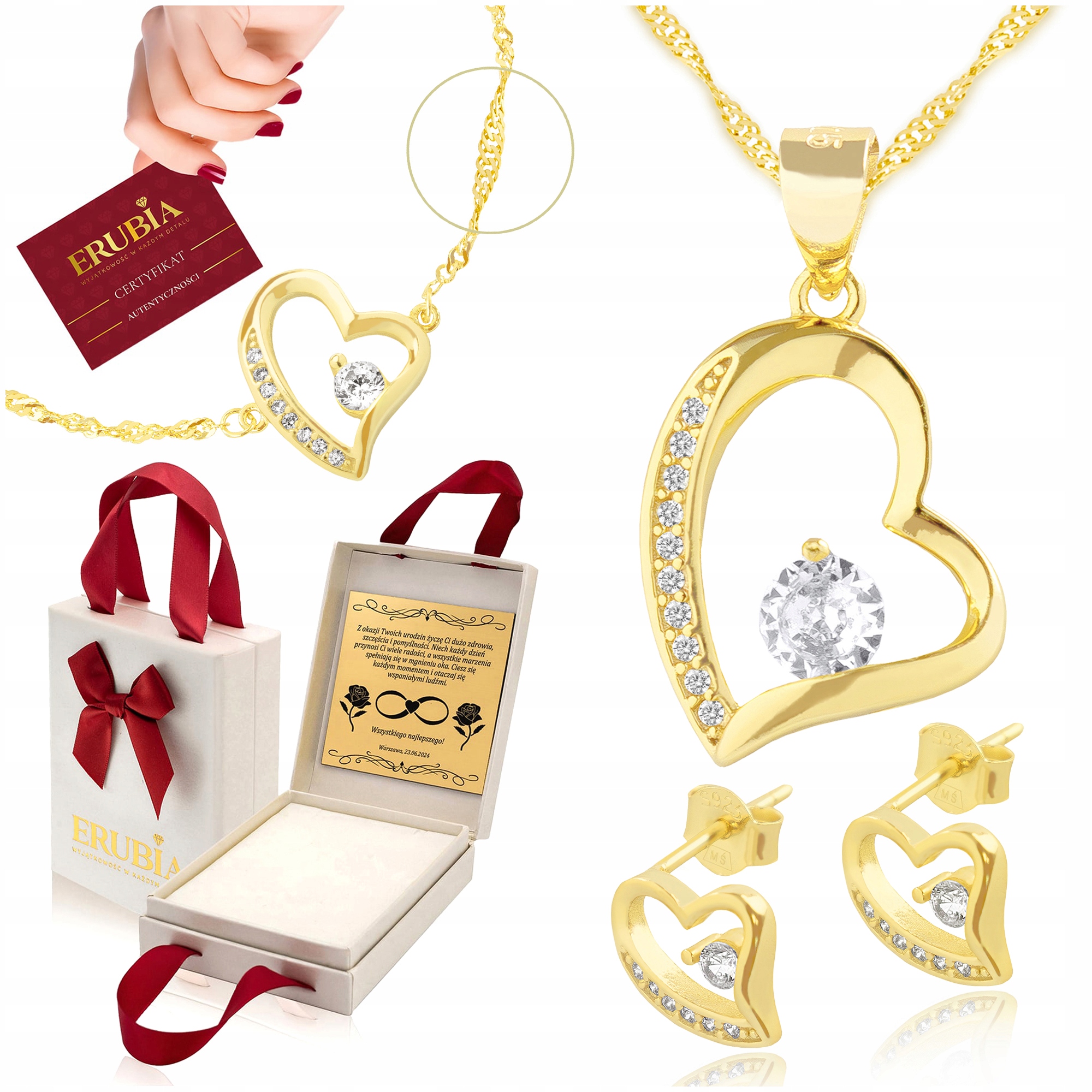 Zlacený Přívěsek Se Srdíčky Se Zirkony 45 CM Jako Dárek Gravírování