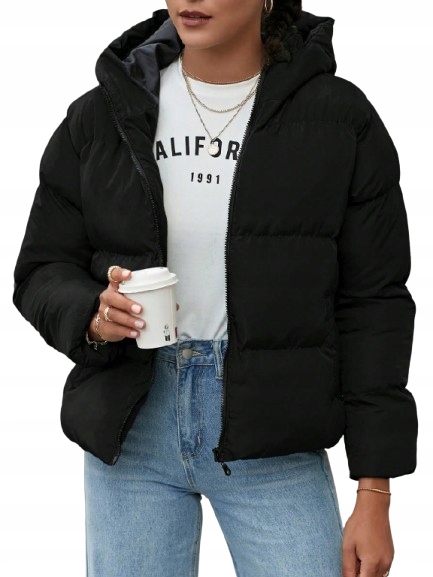 Shein Černá Prošívaná Bunda S Kapucí Zip M 1 Kg