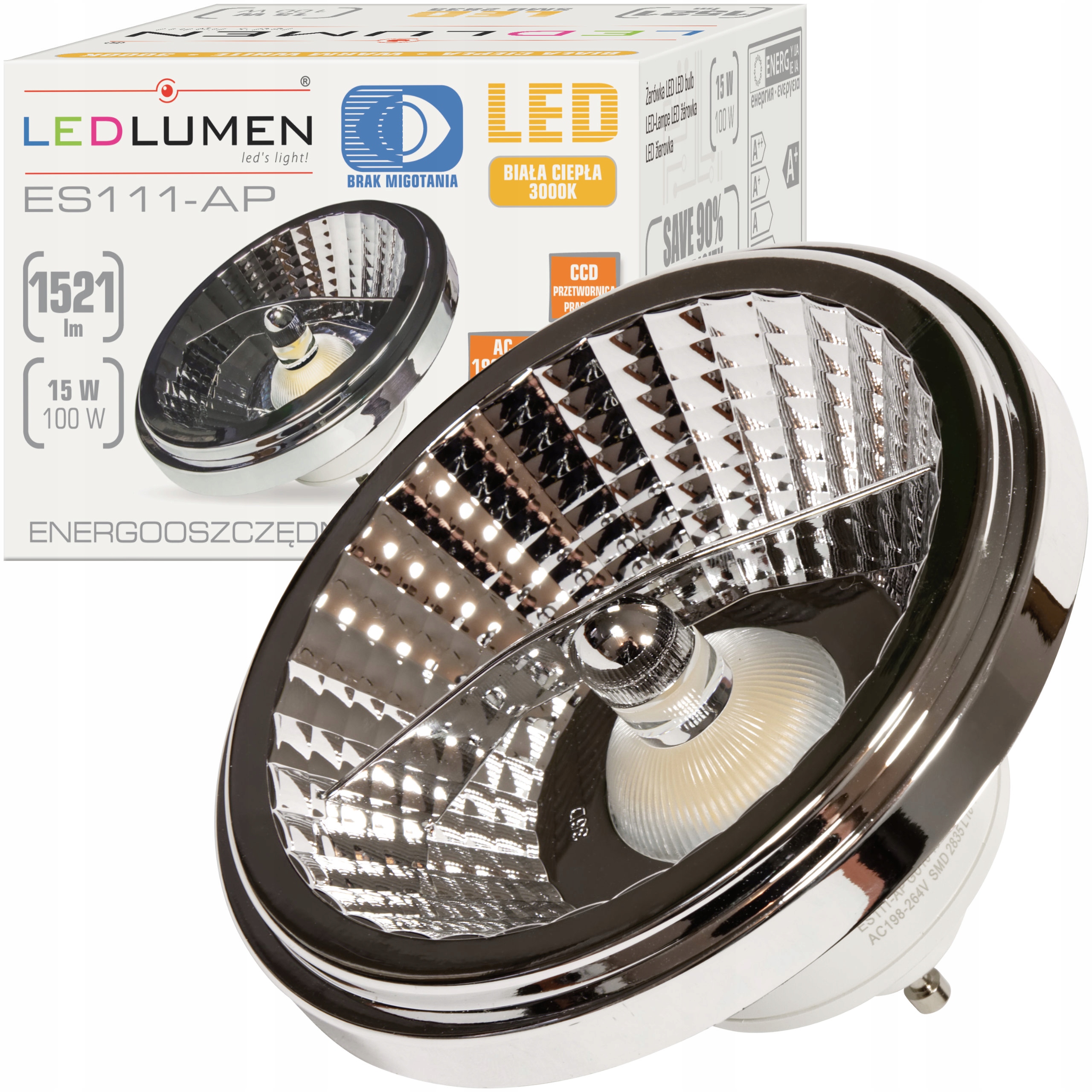 

Żarówka Led GU10 AR111 ES111 15W=100W 1521lm CCD