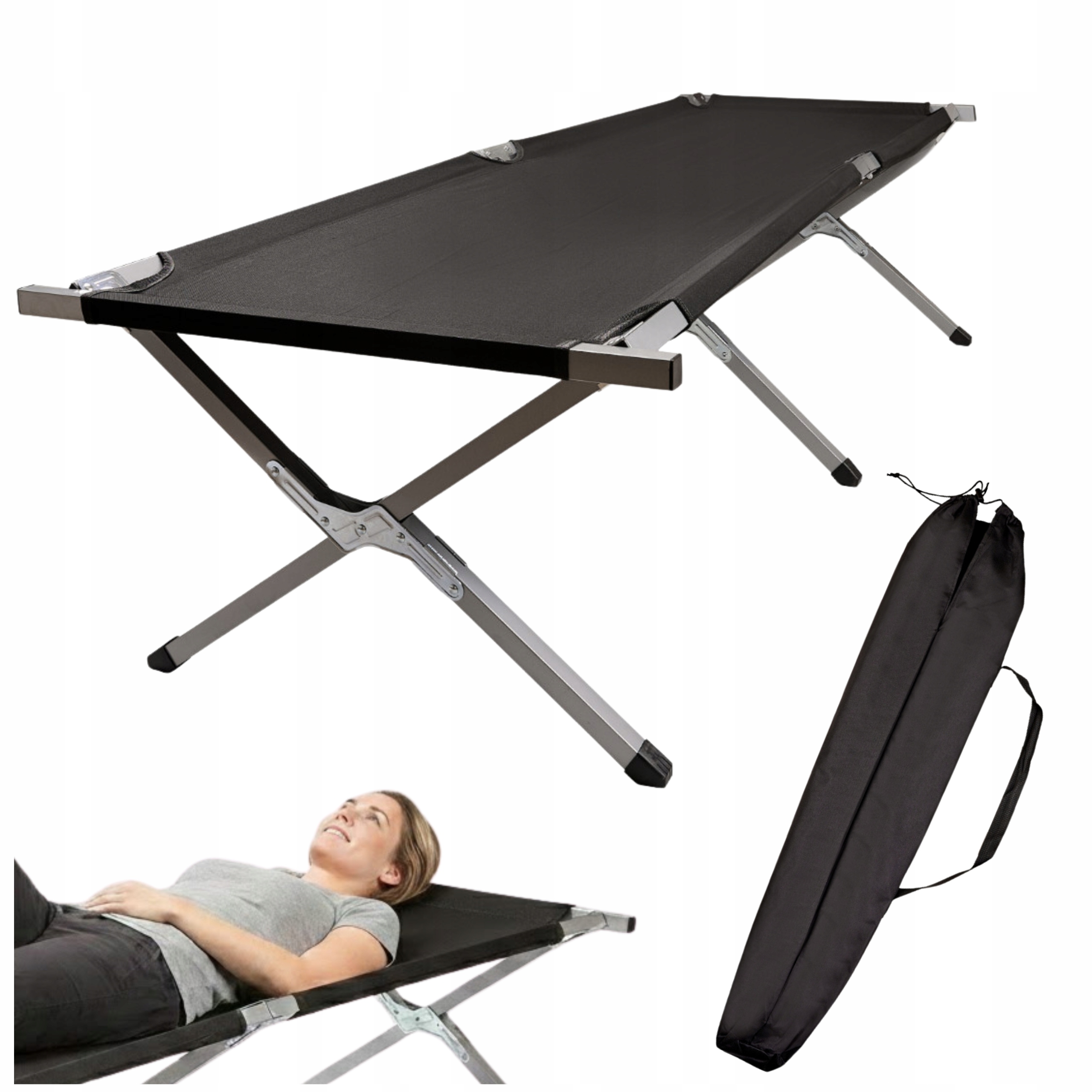 Łóżko Polowe Składane Turystyczne Luaro Kanadyjka Leżanka Czarne 150 Kg