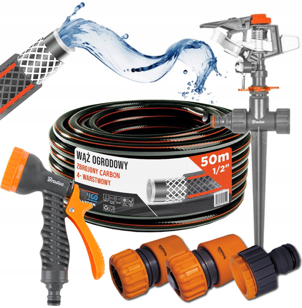Hadice 1/2" 50 m 4 Vrstvy Carb Pistole Zavlažovač Set Bradas