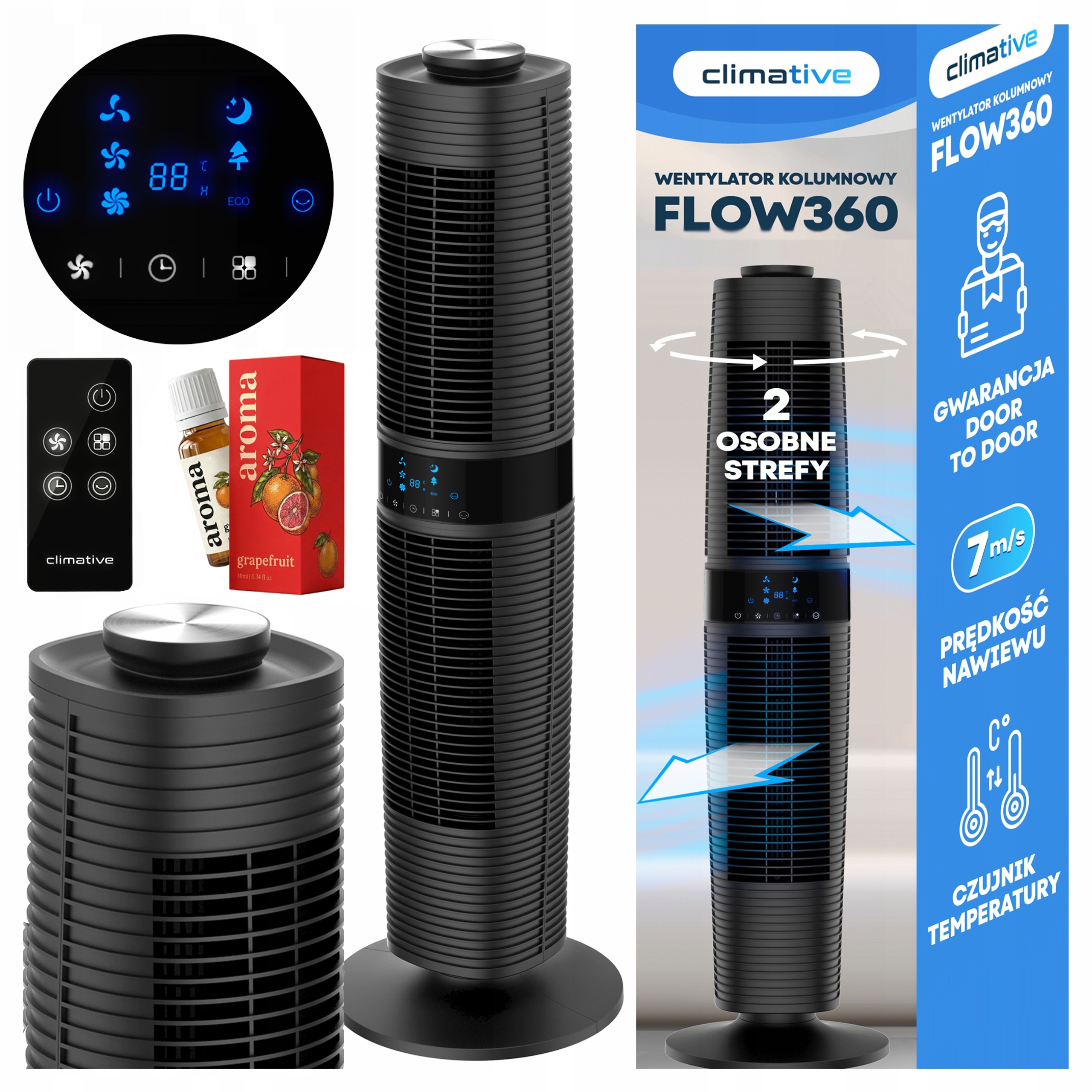 Stĺpový Ventilátor Stojací Flow360 7 m/s Tichý XXL 97 cm Aromaterapia 3v1 p