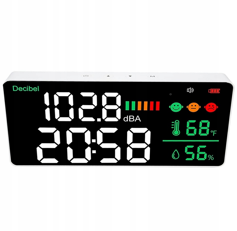 Decybelomierz, Termometr 4 w 1, Miernik Decybeli, hałasu, zegar, LED