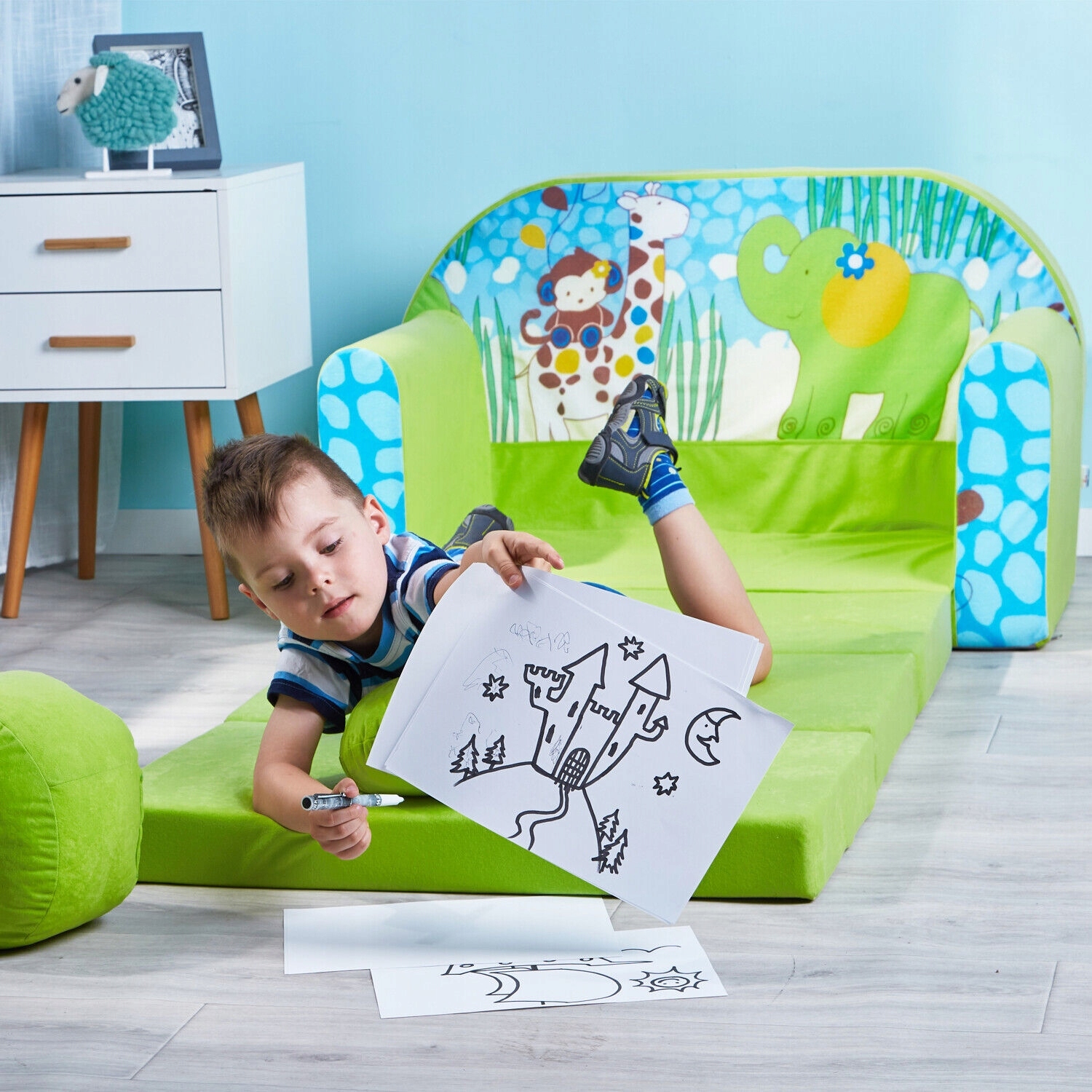 Łóżko dla Dzieci Kanapa Sofa Rozkładana Piankowa + Pufa + Poduszka Marka Welox