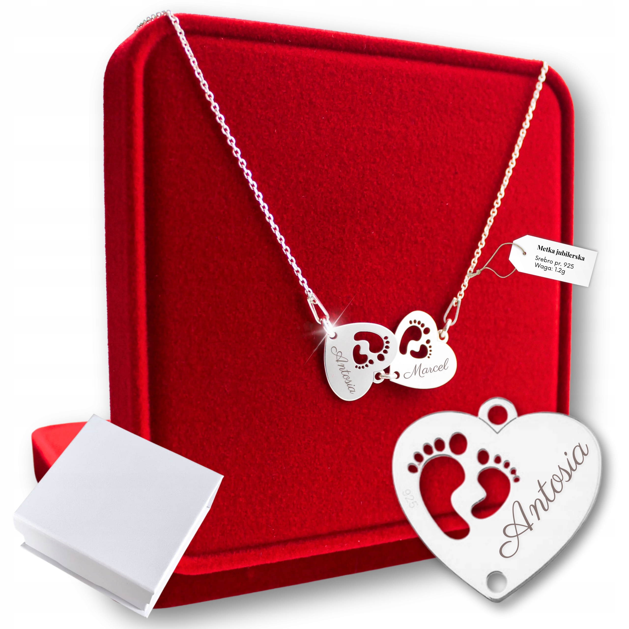 Stříbrný Řetízek s přívěskem Dvě Srdce a Stopy, stříbro 925 s Gravírování jako Dárek pro maminku