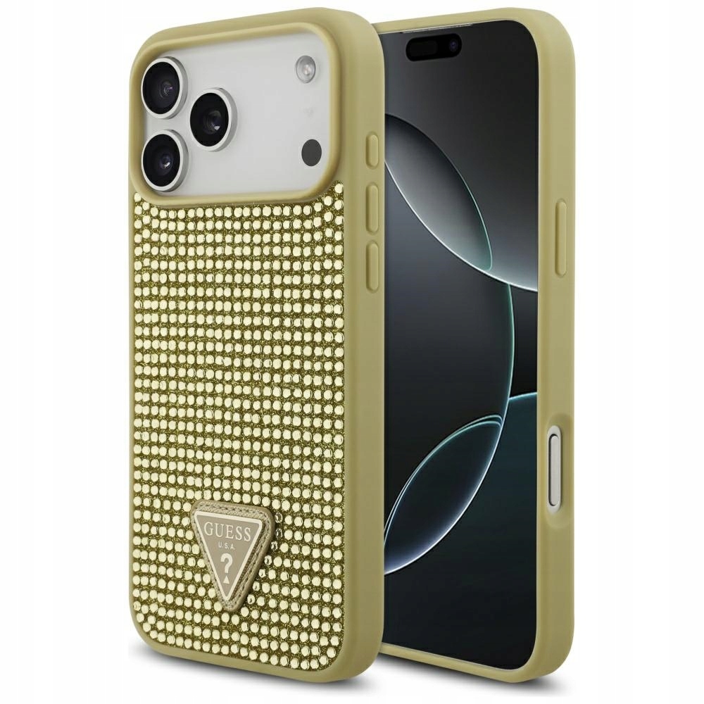 Pouzdro Guess Rhinestone Triangle Logo pro iPhone 17 Pro Max, zlaté