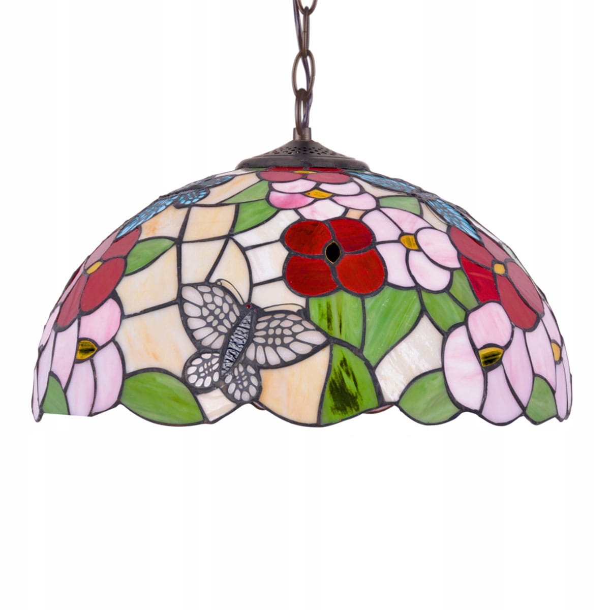 Kolorowa, klasyczna lampa wisząca z witrażowym kloszem w motyle Kaja