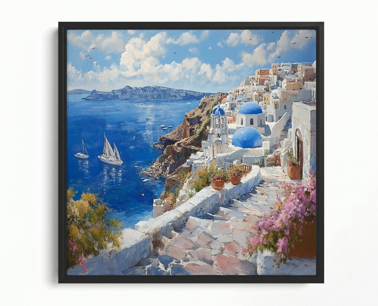 Obraz Rám Americký Box Pohled Řecko Ostrov Santorini Moře Lodě 50x50