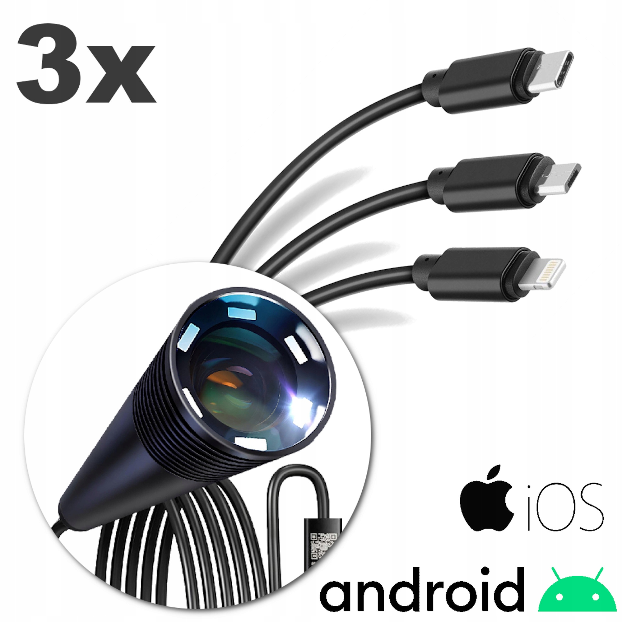 KAMERA INSPEKCYJNA do telefonu IPHONE ANDROID 3w1 ENDOSKOPOWA 2M FULL HD Kod producenta SUPER x-LED WATERPROFF