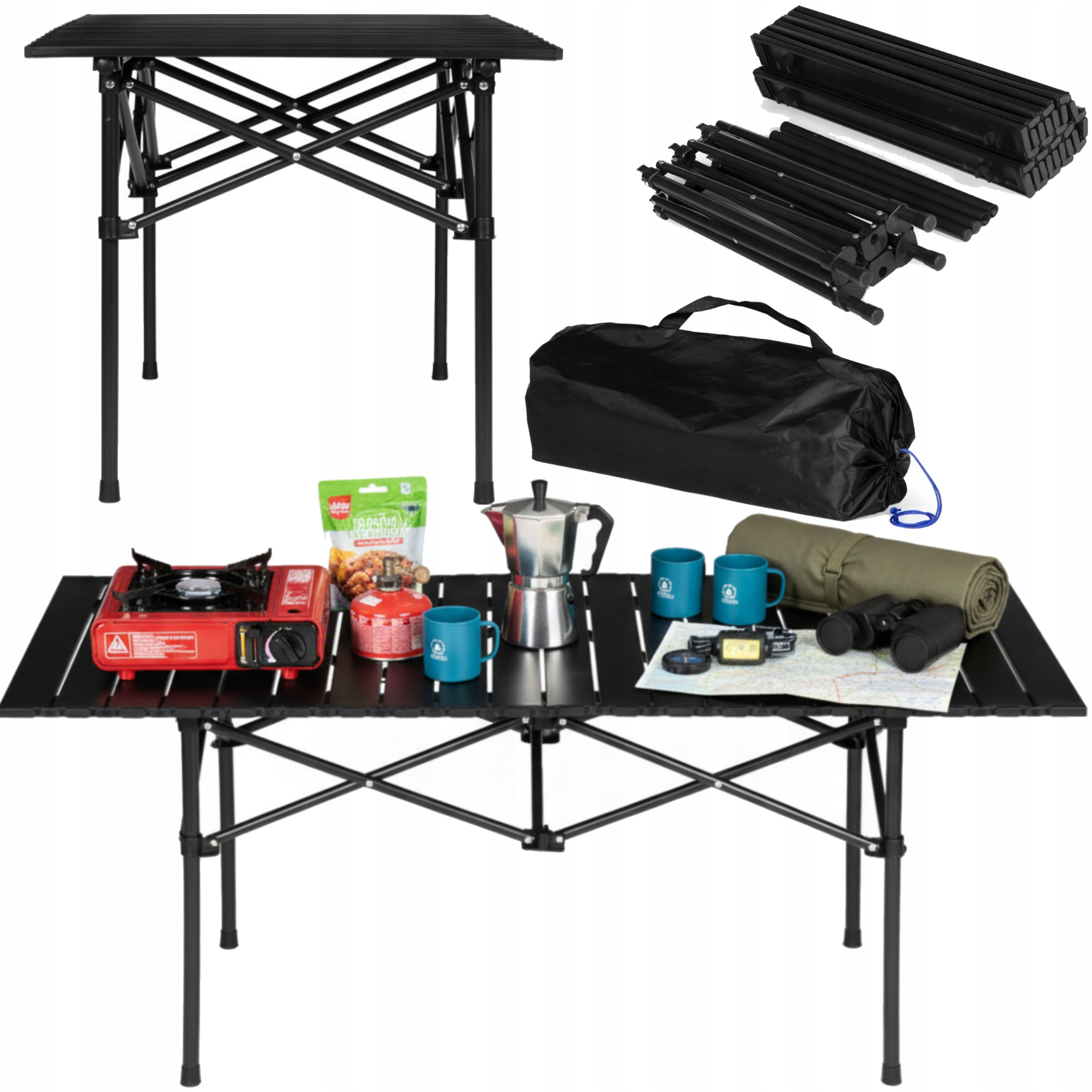 Stolik Turystyczny Składany 120x55cm Kempingowy Z Torbą Stalowy Czarny