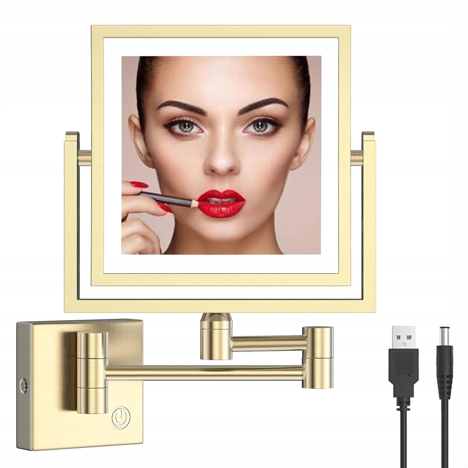 Zrkadlo na make-up s osvetlením 3x zoom štvorcové matné zlaté Reckodor