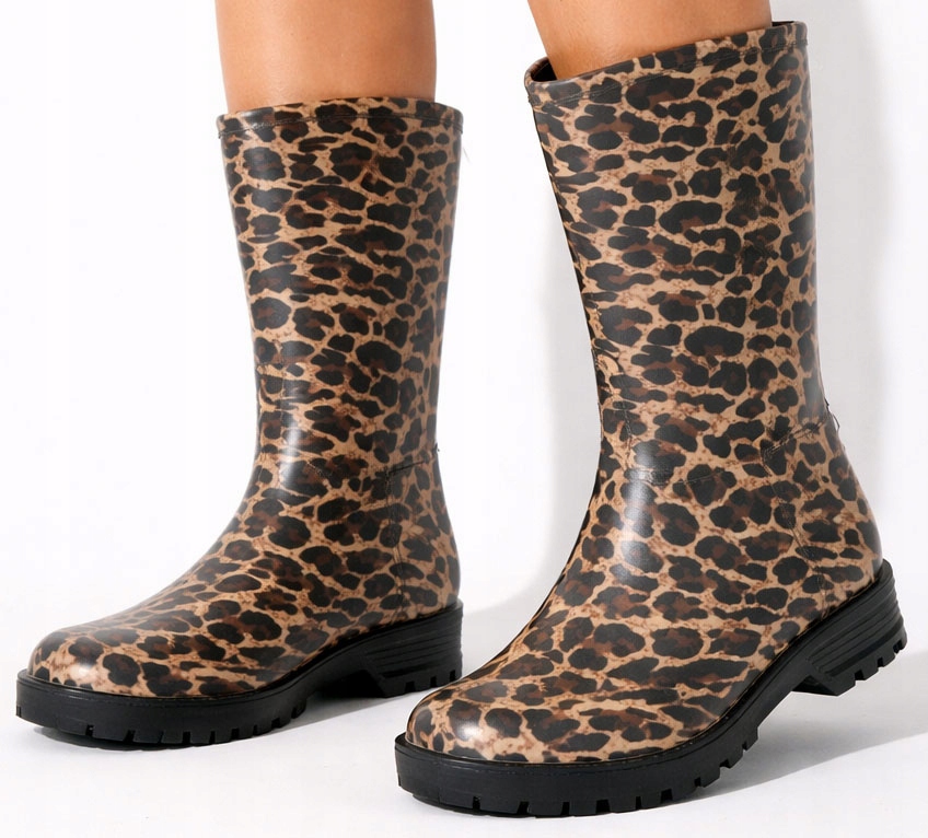 9264 WYSOKIE KALOSZE BOTKI SZTYBLETY PANTERKA WSUWANE