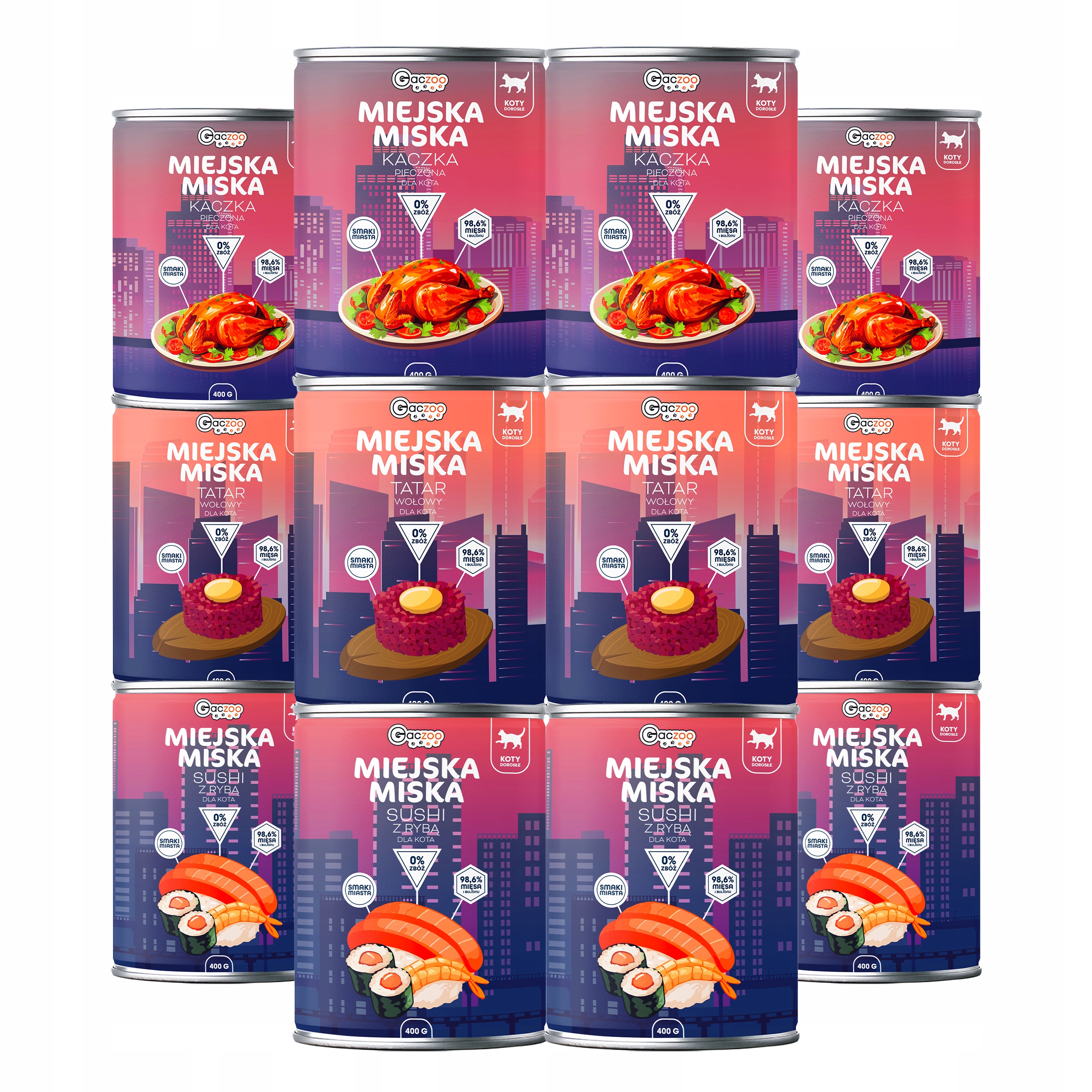 Krmivo mokré pro kočky Městská miska Gaczoo mix chutí 12 x 400 g bez obilovin