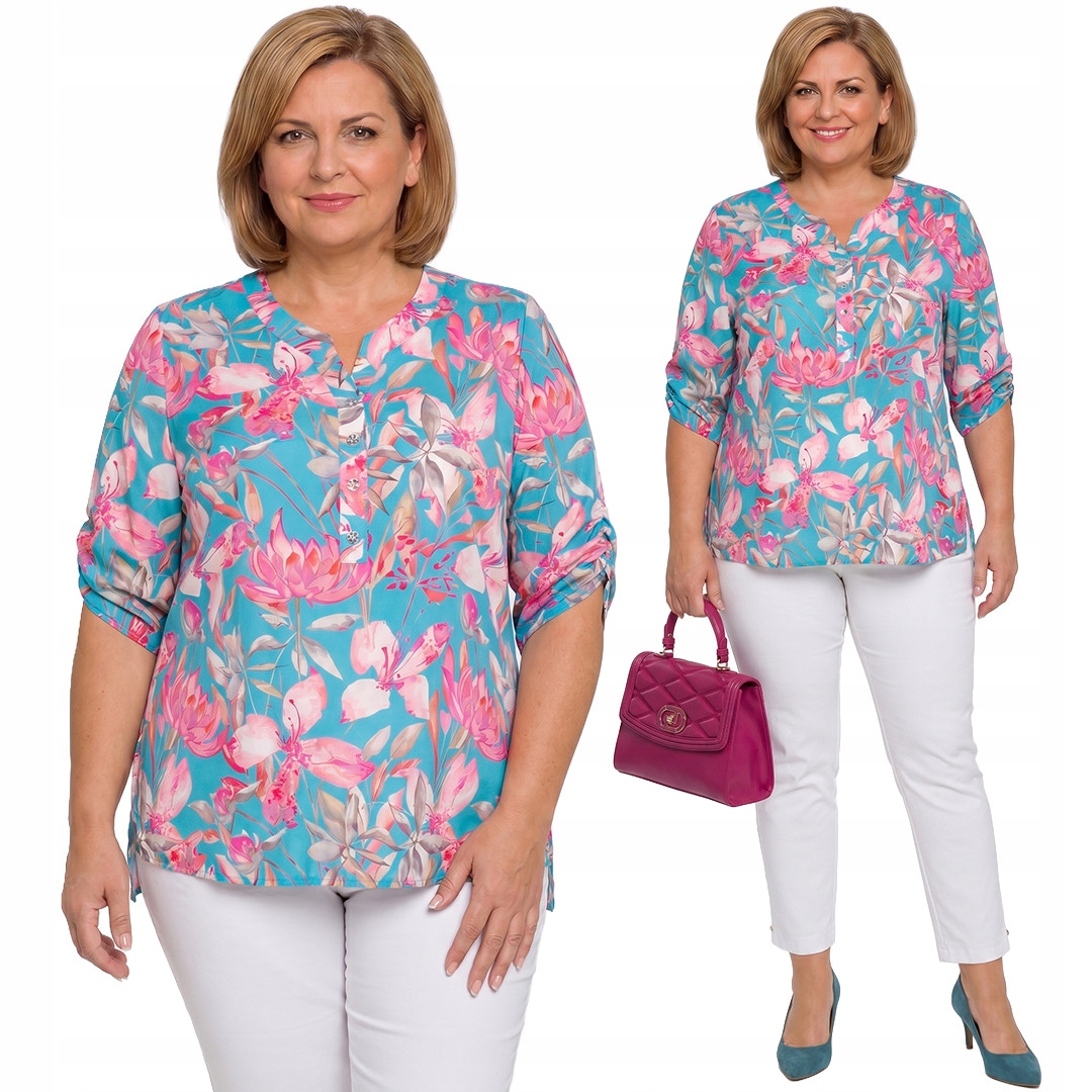 Tyrkysová halenka s růžovými květy plus size velikost 50