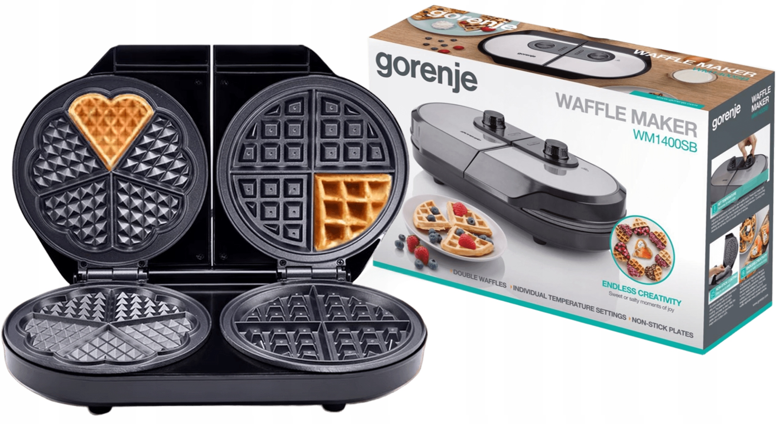 Mocna Gofrownica 1400W na dwa rodzaje gofrów belgijskie i norweskie serca