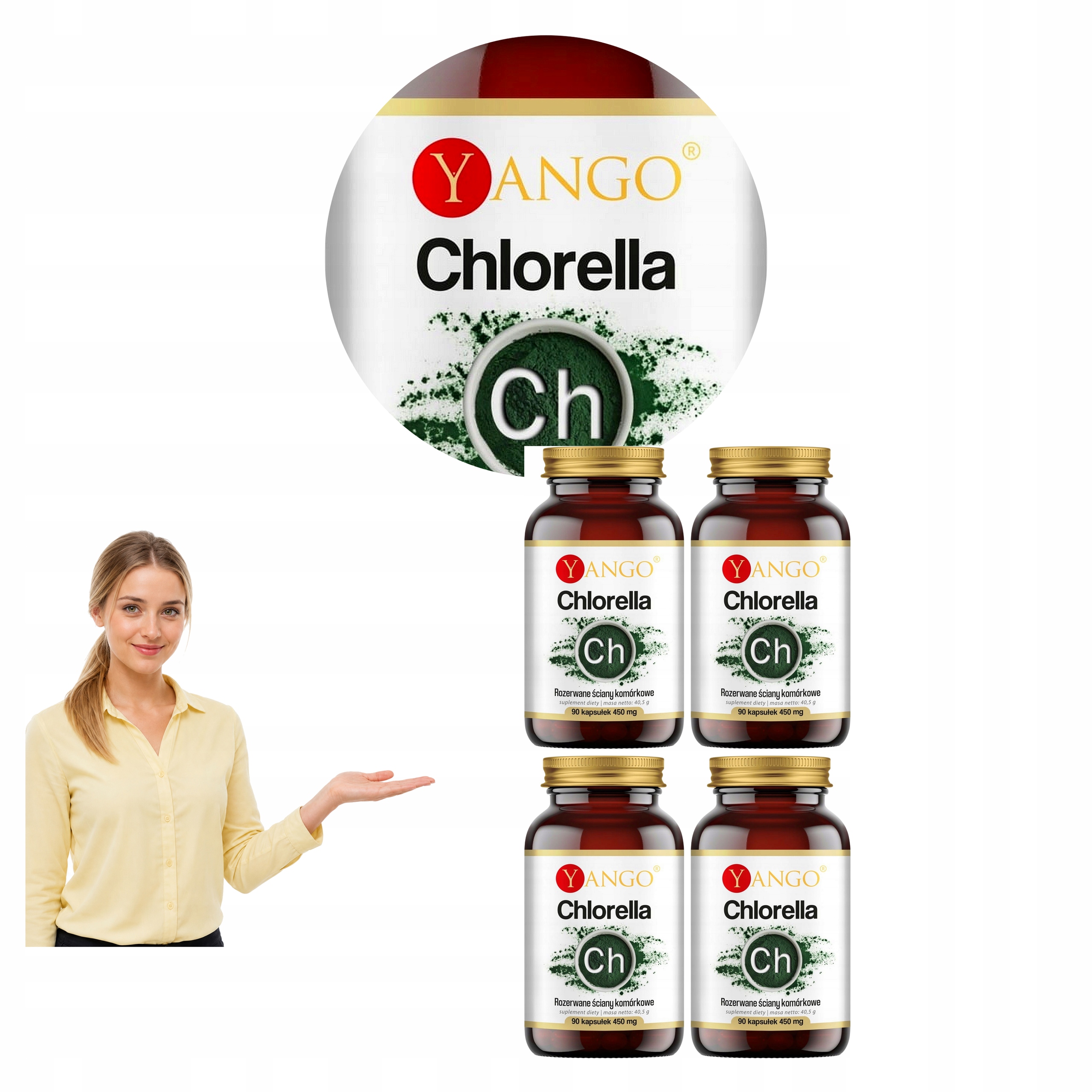 4x Yango Chlorella Pyrenoidosa Sproszkowana Alga Chlorofil Białko 90 kaps.