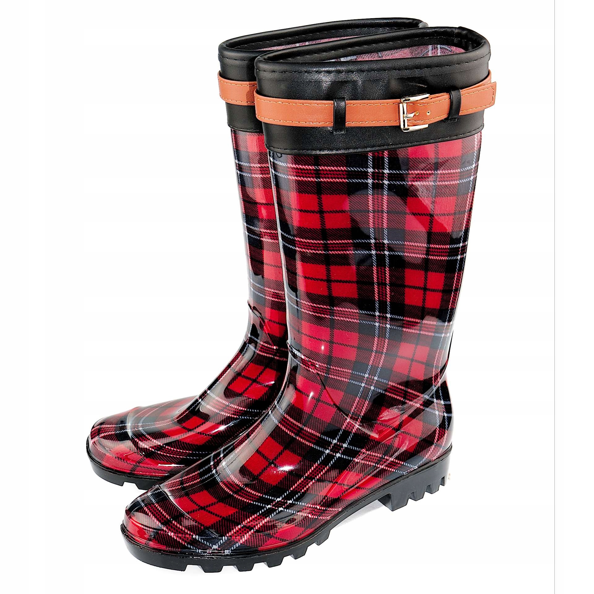 Kalosze Damskie wysokie w kratę czerwone 38