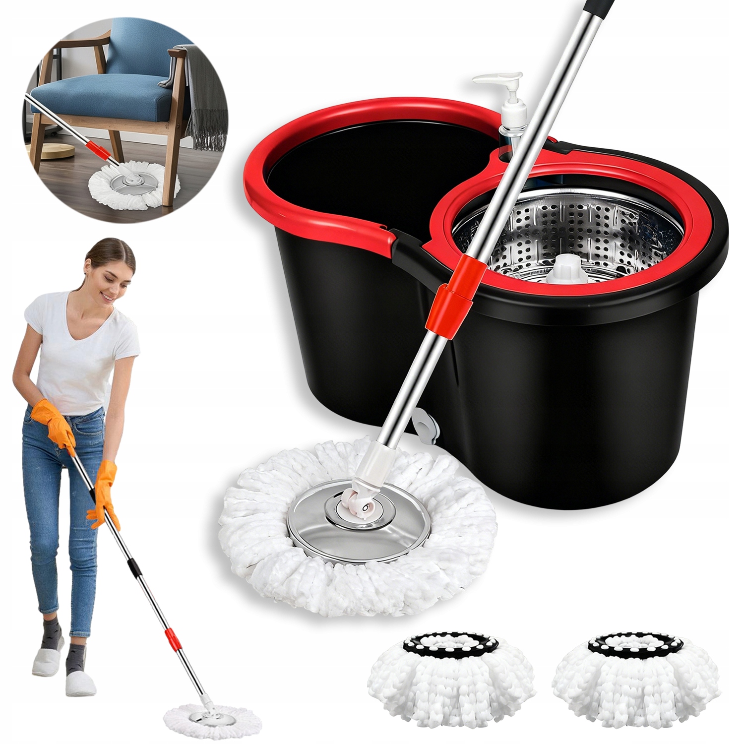 Levně Kompletní Sada Rotačního Mopu S Kbelíkem – 3 Mikrovlákna Na Mokro I Na Sucho