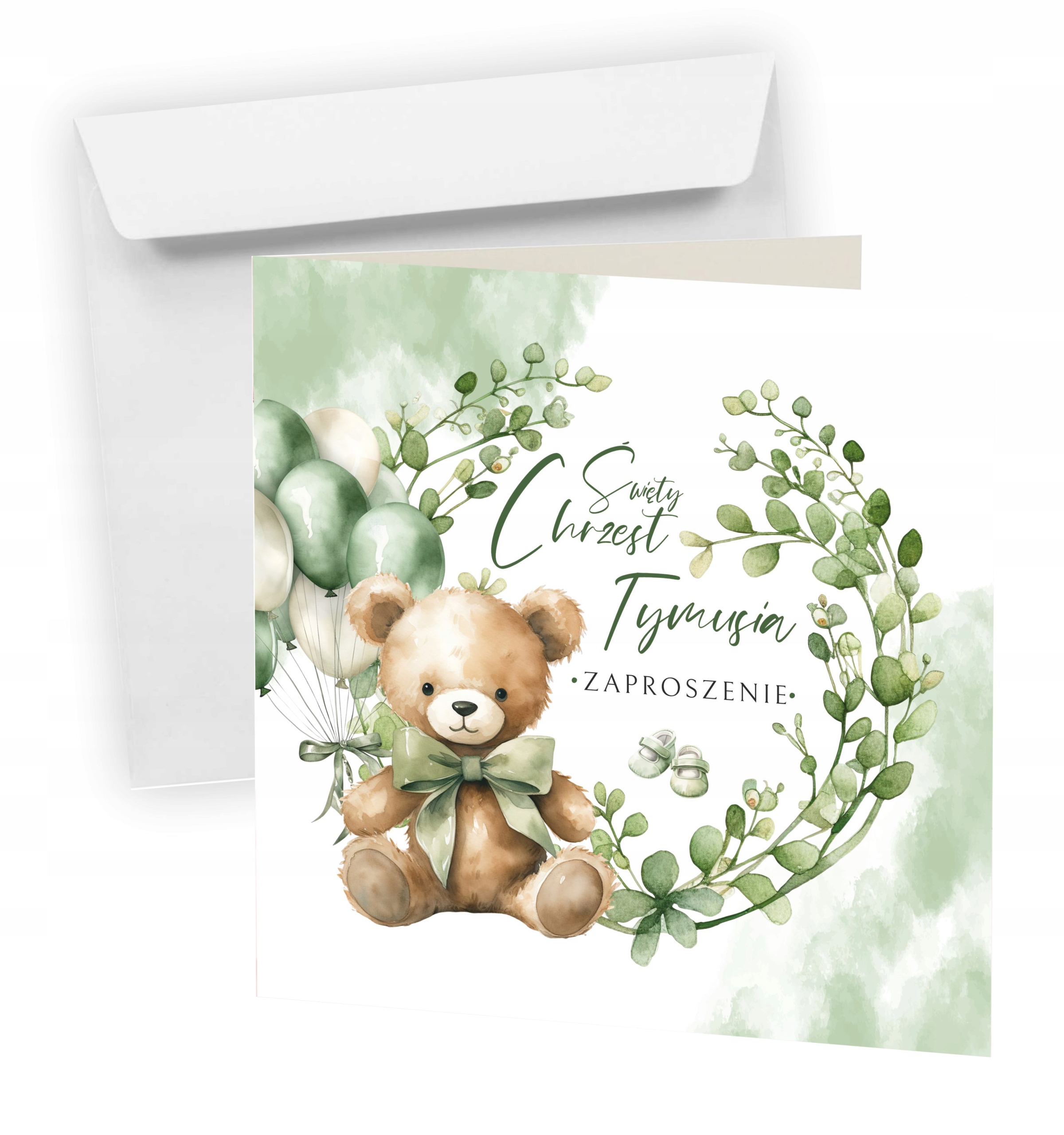 Zaproszenia na Chrzest Święty z kopertą + Imię Dziecka = Miś z Balonem