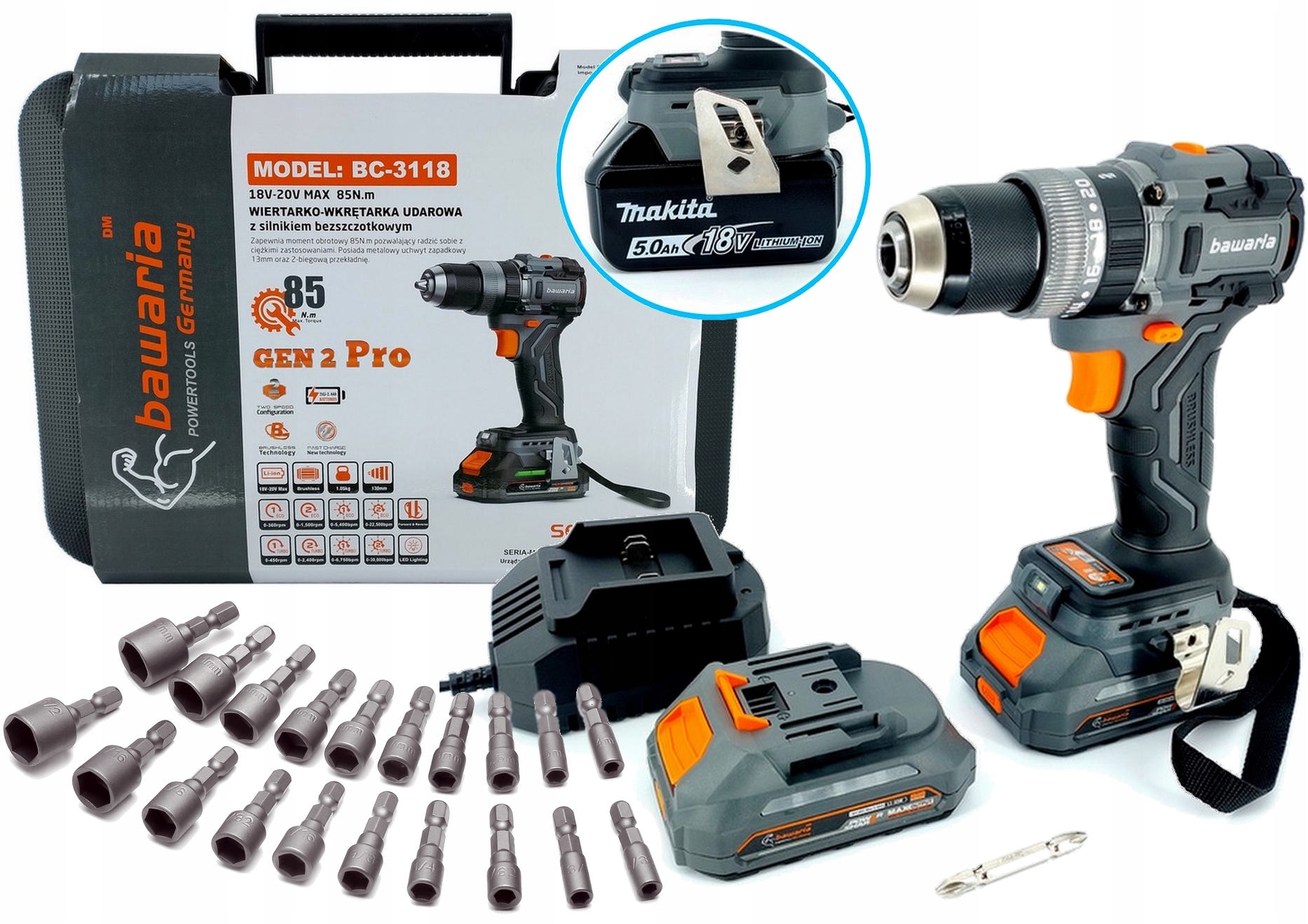 Bawaria BC-3118 Wiertarko Wkrętarka Z Udarem Bezszczotkowa 85NM PNDB1A
