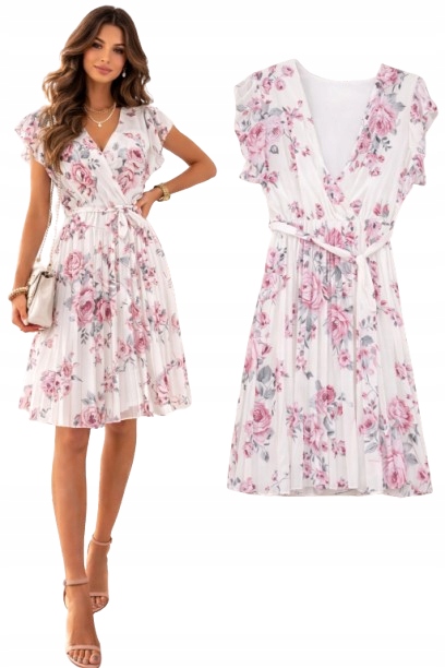 Kobieca Sukienka Zwiewna Sukienka Plisowana Szyfon Sukienka Kwiaty 612