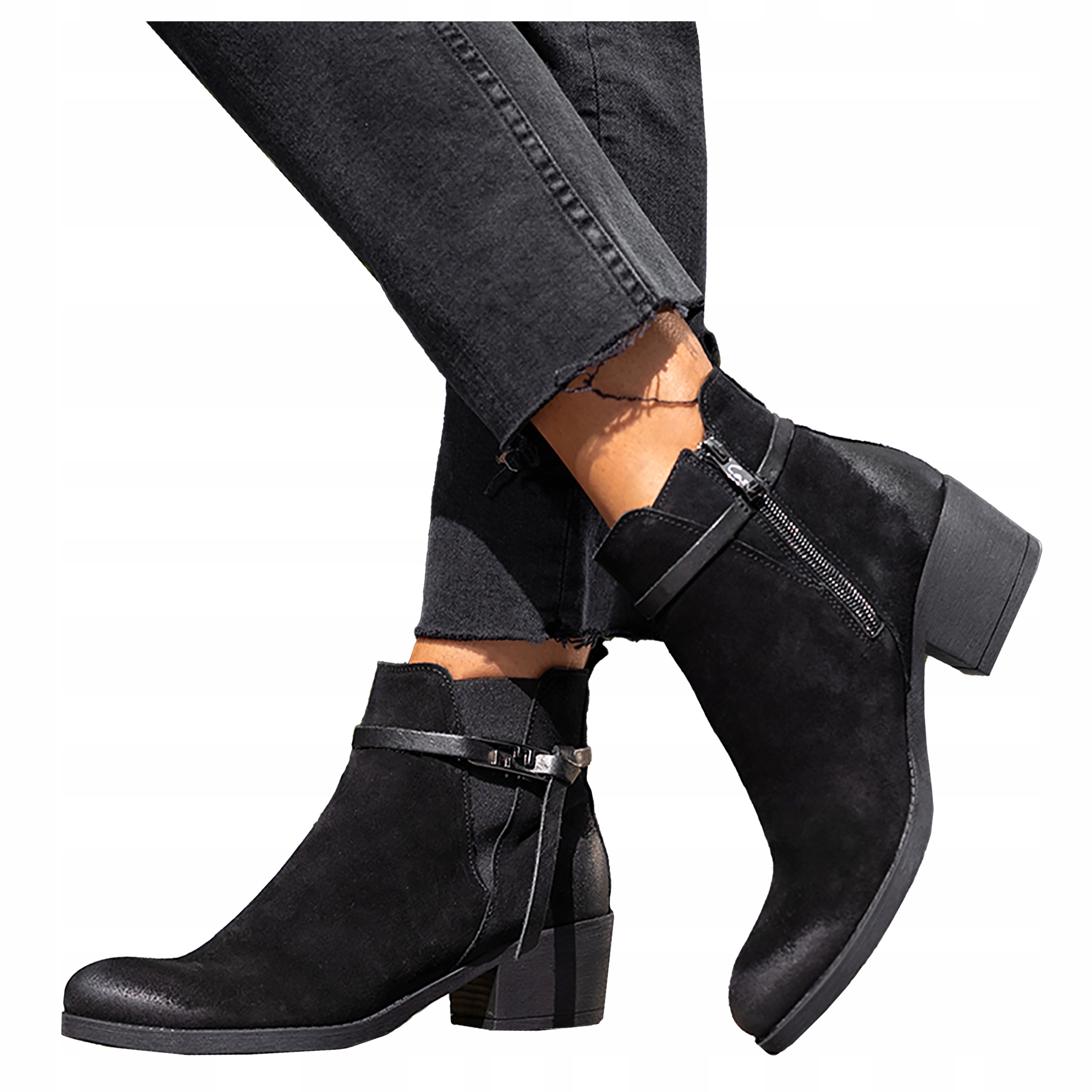 dámské kotníkové boty černé, nízký podpatek, módní Pásek Polský velikost 40