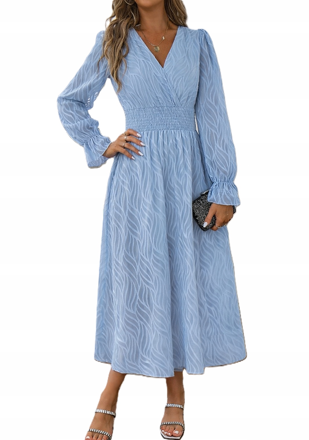 Sukienka damska maxi unikatowy wzór elastyczny pas niebieska