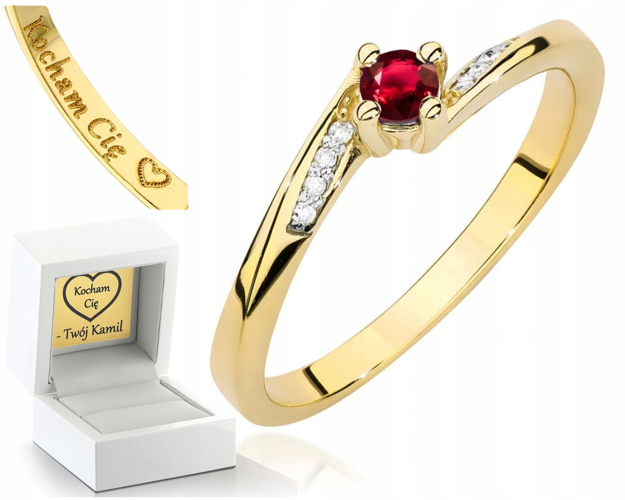 Zlatý Prstýnek Prsten Z Rubín Žlutého Zlata Gravírování 585, Dárek