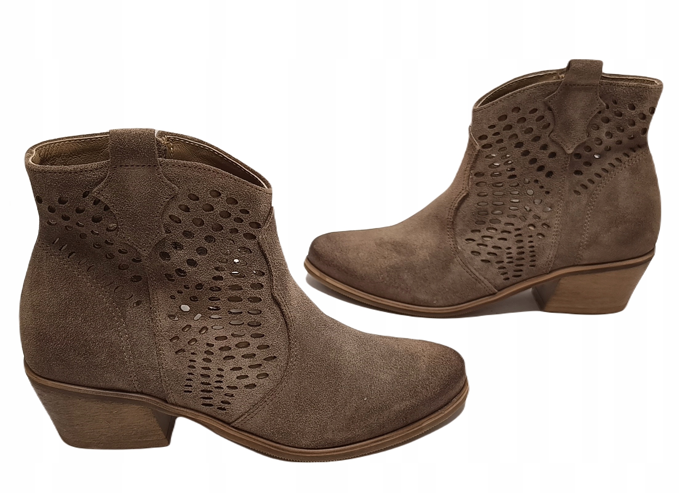 Elegantní ažurové kotníkové boty nubukové kovbojské boty Exquisite 1525 almond velur r41