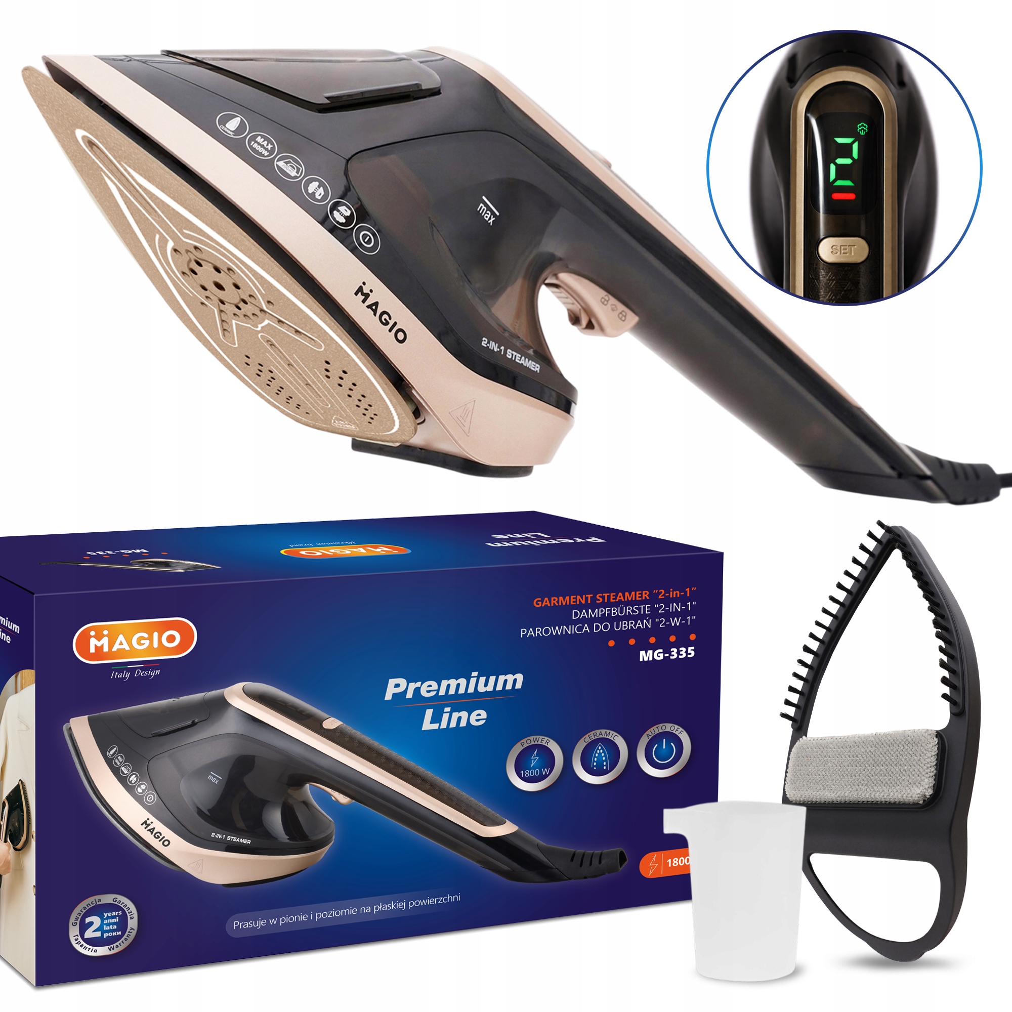 Parownica i Żelazko 2w1 Magio 1800W, Led, Regulacja pary, Steamer do ubrań