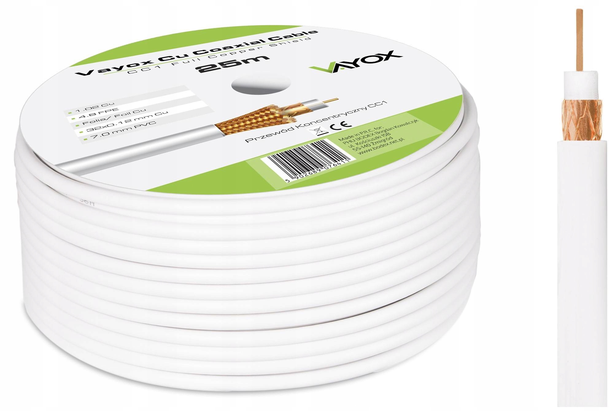 KABEL PRZEWÓD KONCENTRYCZNY DO ANTENY TV ZEWNĘTRZNY MIEDŹ CU LTE HD 4K 25M EAN (GTIN) 5902689076411