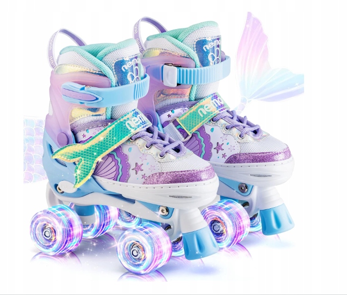 Wrotki regulowane dziewczęce Nemone syrenka Led niebiesko-fioletowe M 32-36