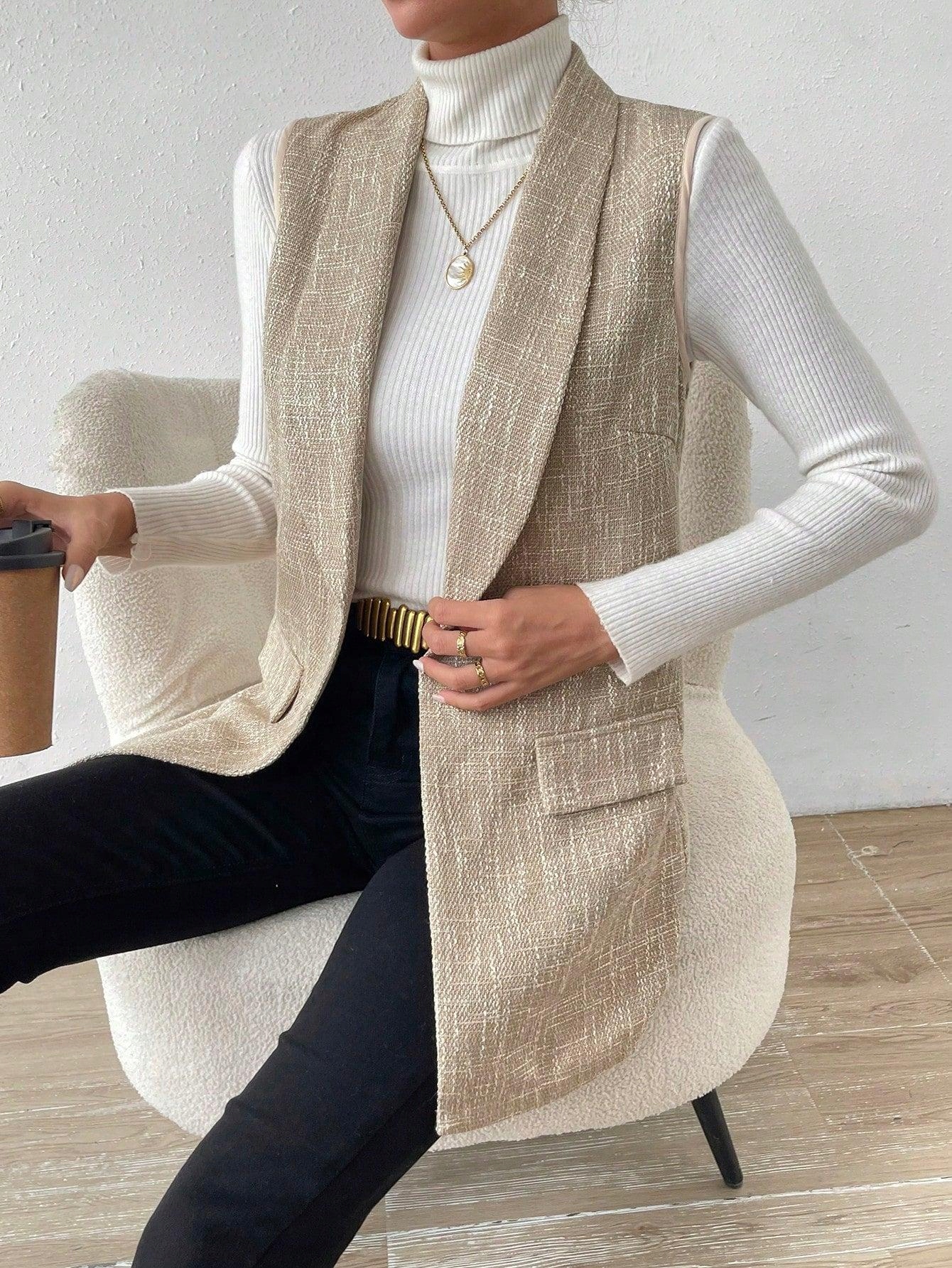 BEŻOWA DŁUGA KAMIZELKA NA GUZIKI DEKOLT V ELEGANCKA SHEIN 38