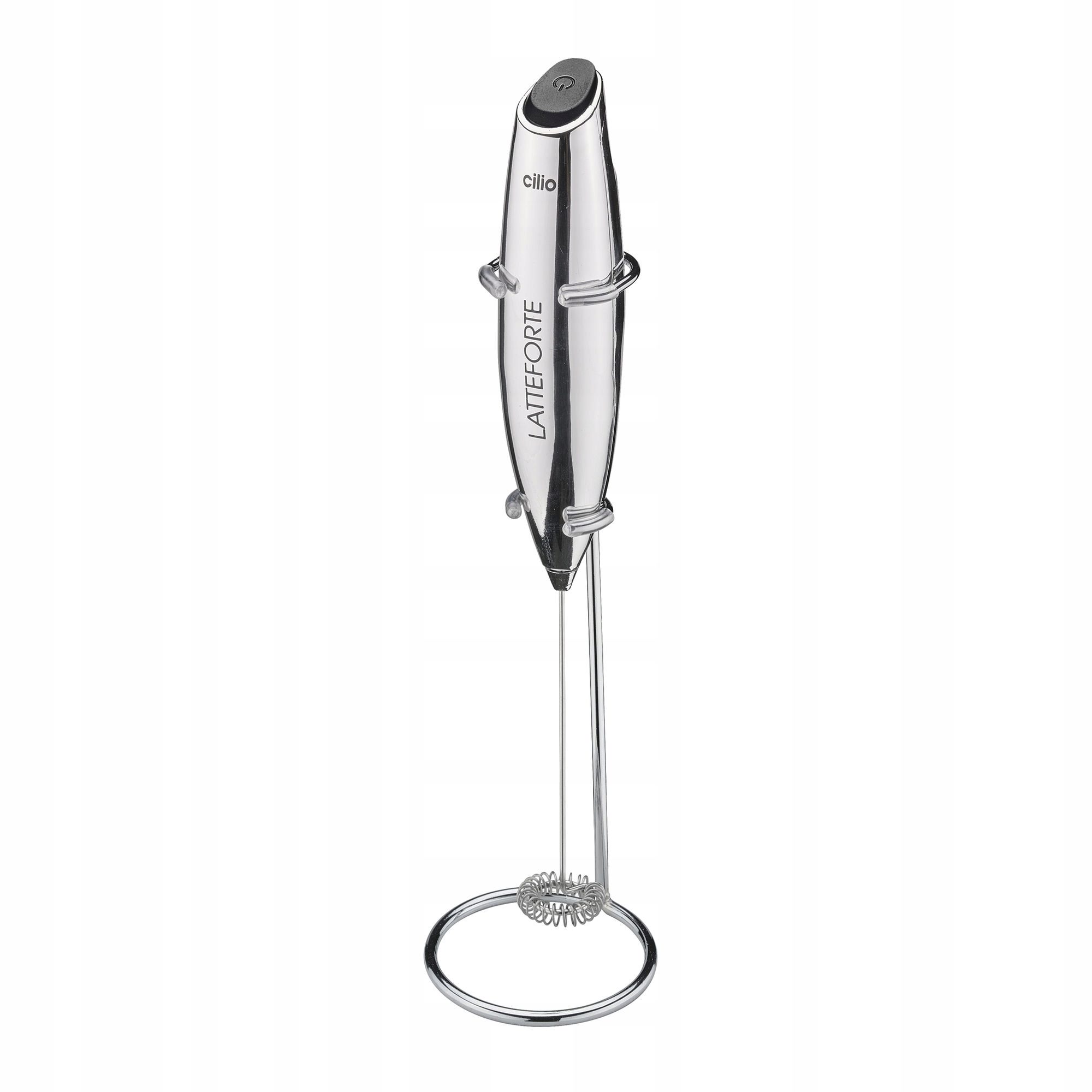 Spieniacz do mleka na stojaku, 23 cm, metaliczny błyszczący