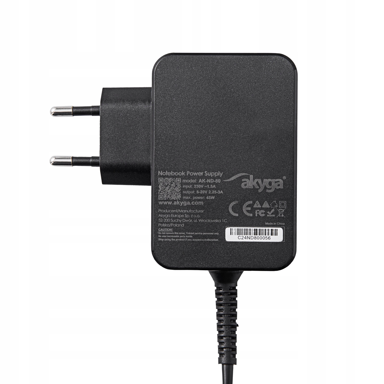 AKYGA Zasilacz do notebooka Akyga AK-ND-80 5-20V / 2.25-3A 45W USB type C 1.8m GaN — 5