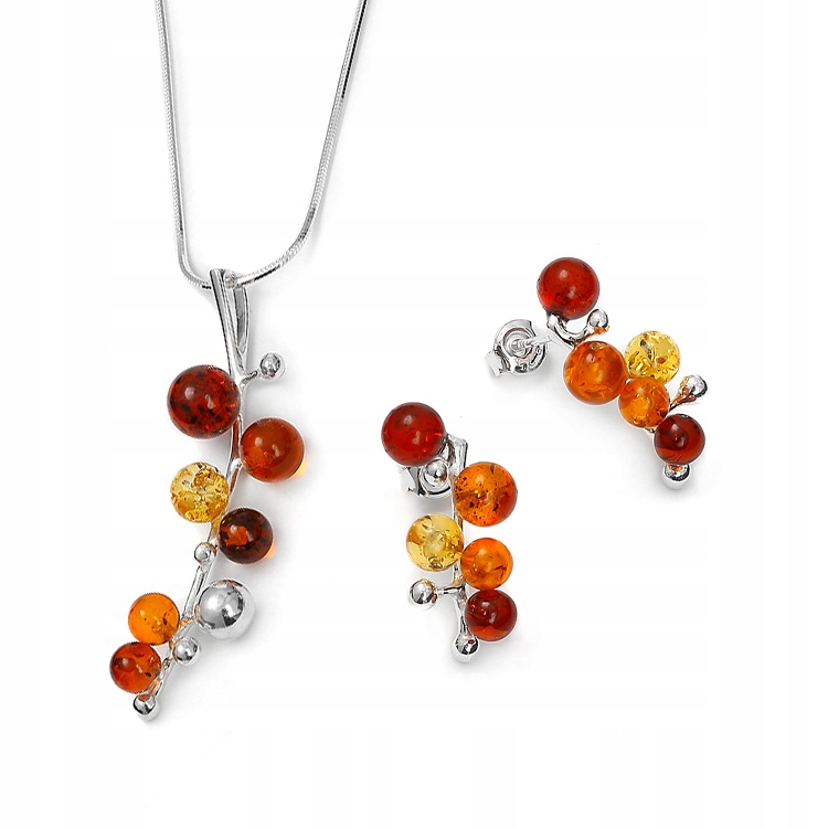 Stříbrný Komplet S Jantarem Kolia Náušnice Stříbro