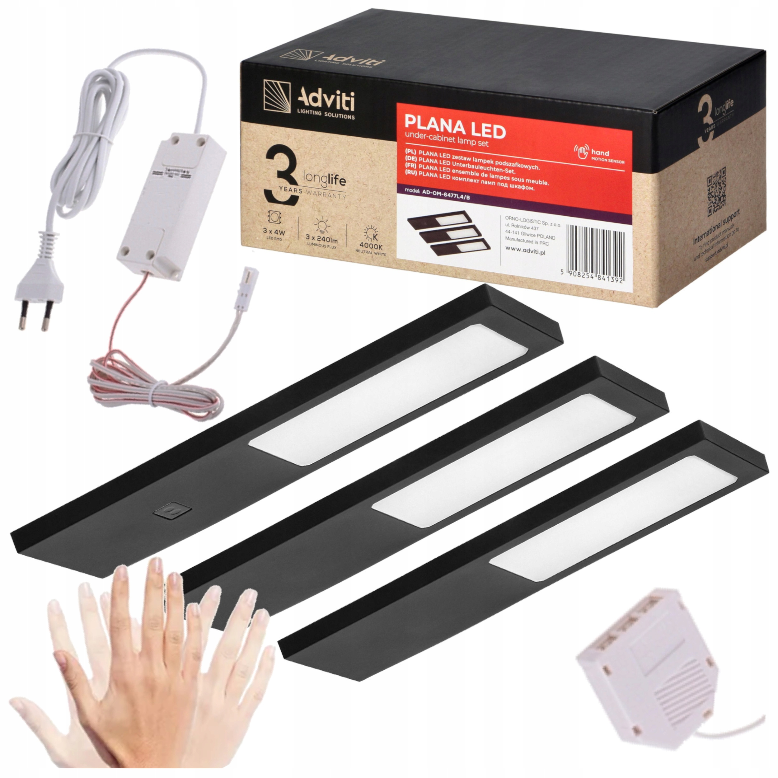 Zestaw 3x Lampa Podszafkowa Led Z Włącznikiem Na Ruch Ręki 4W 4000K Czarna
