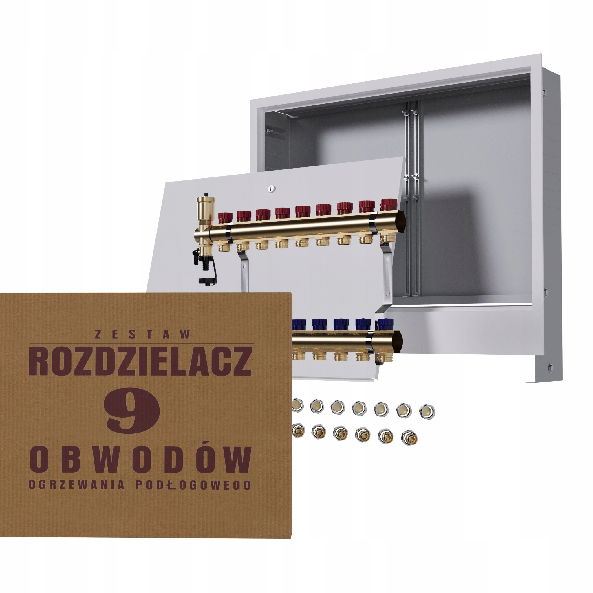 Manuální rozdělovač 9 okruhů pro radiátory podomítková skříňka Pex