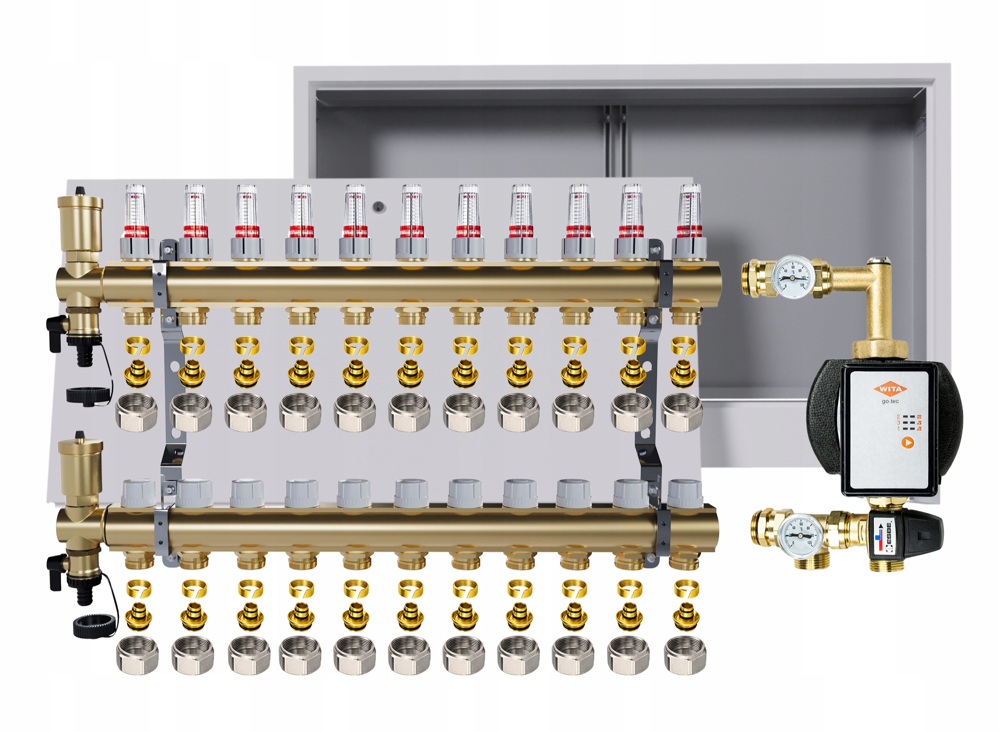 Rozdělovač pro podlahu 11 okruhů s čerpadlem Wita podomítková skříňka +pex
