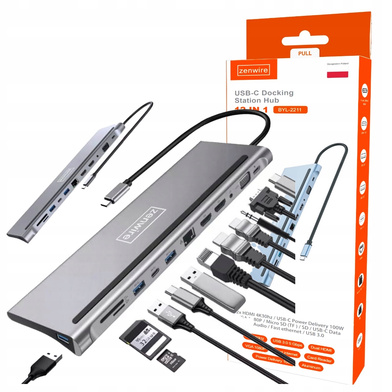 Stacja Dokująca Hub Adapter Usb-c 12w1 RJ45 2x Hdmi 4K Ethernet Vga Usb 3.0