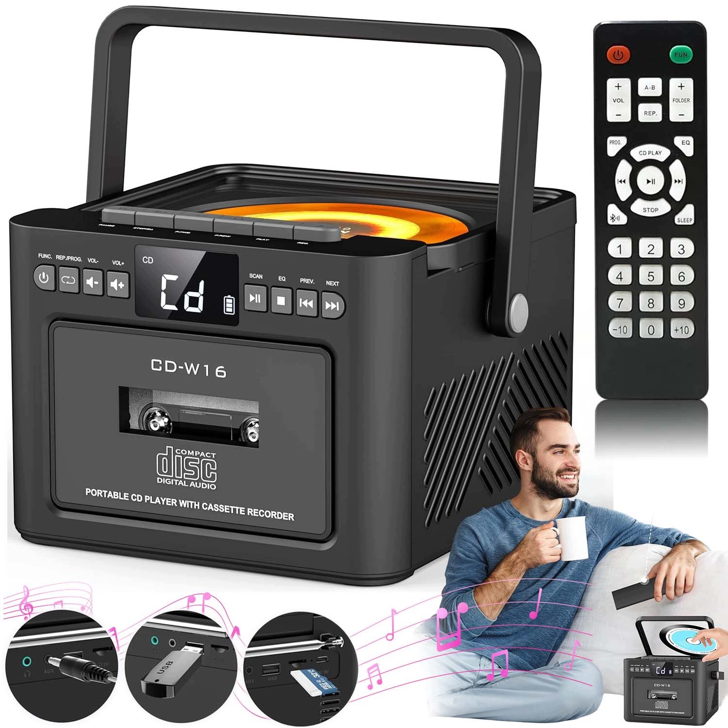 CD Prehrávač Bluetooth Kazeta Rádio Fm Discman MP3 Aux 5000MAH S Diaľkovým Ovládaním